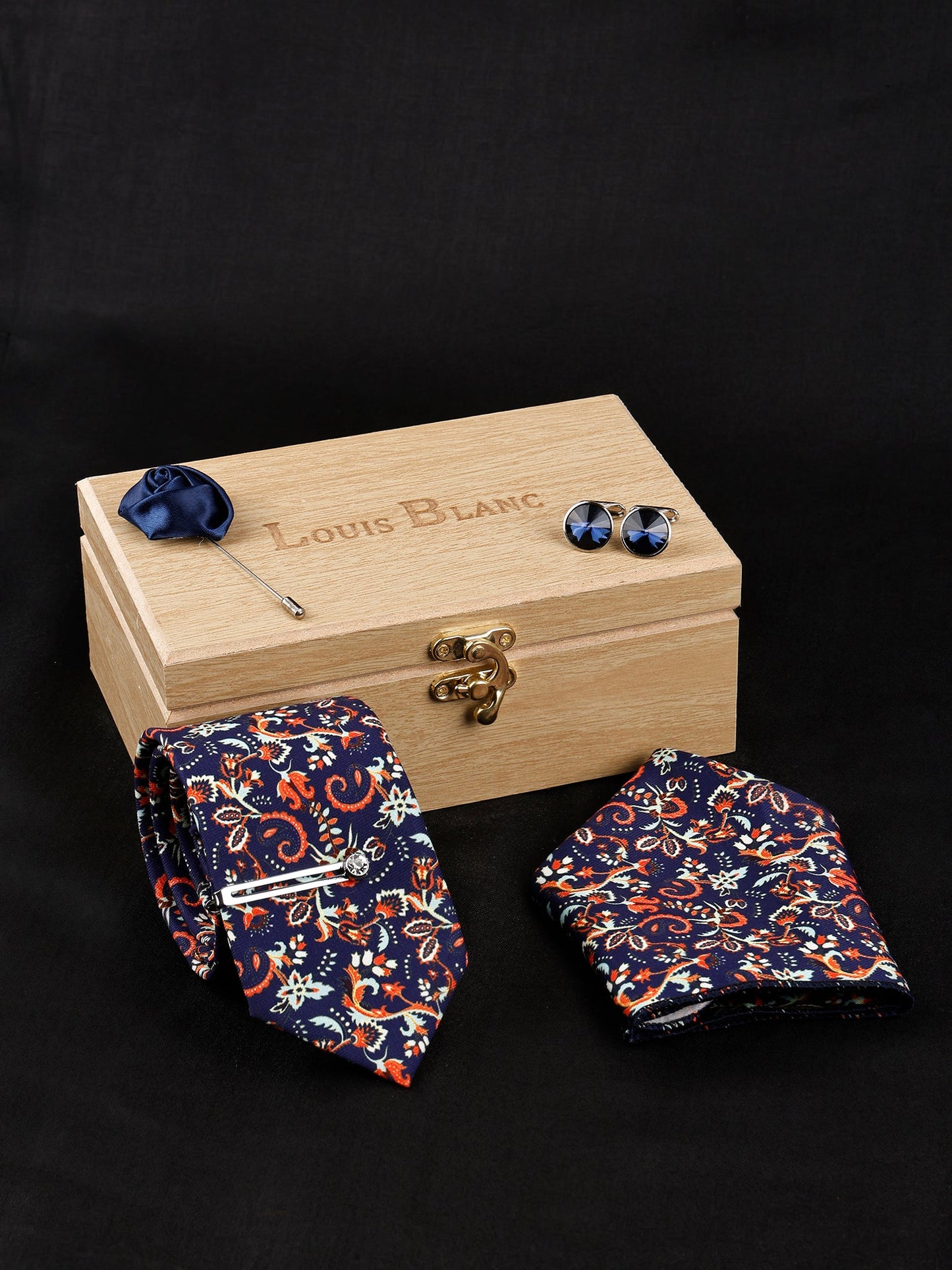 Cerulean Blue Luxury Italian Silk Necktie Set With Pocket Square Silver Tie Pin, Cufflinks & Brooch