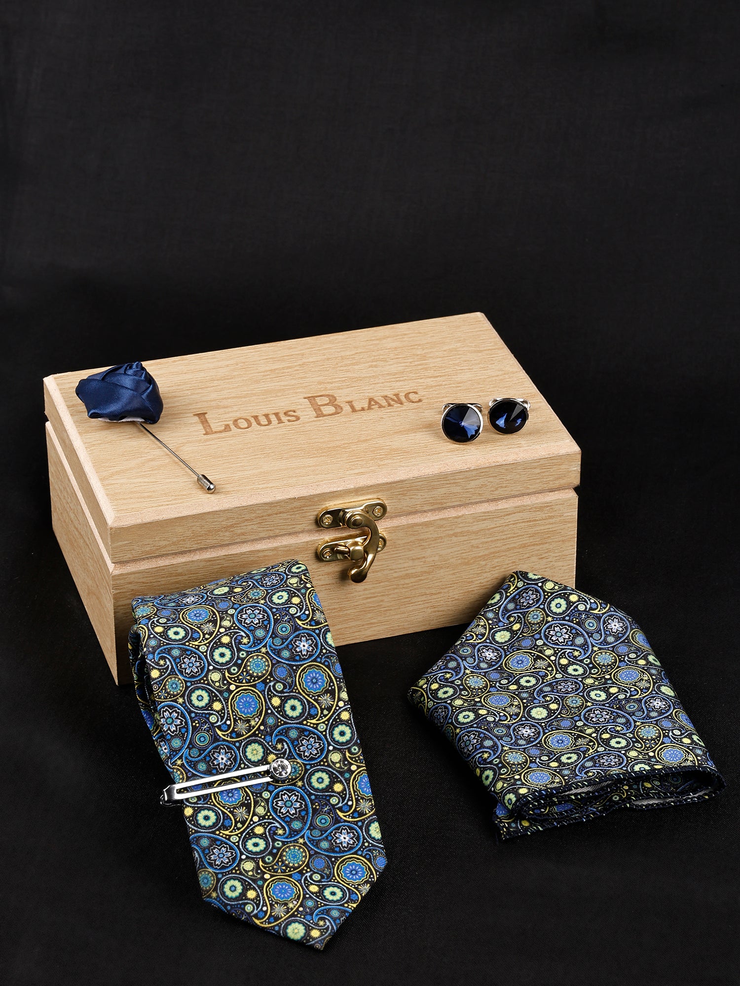 Dodger Navy Luxury Italian Silk Necktie Set With Pocket Square Silver Tie pin, Cufflinks & Brooch