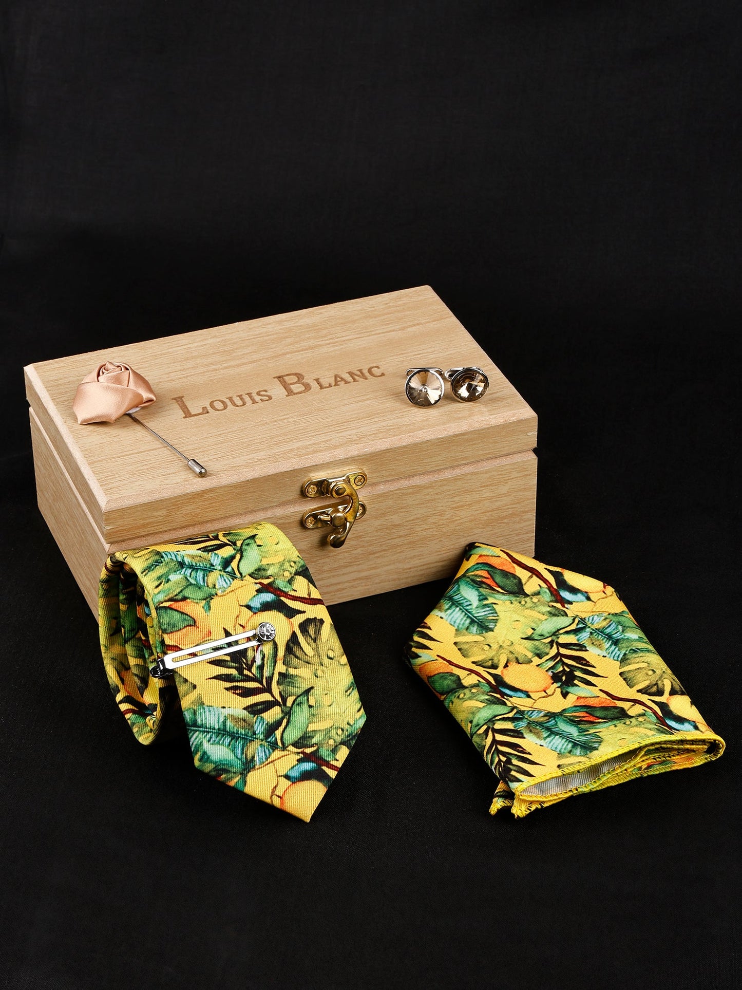 Sheen Yellow Luxury Italian Silk Necktie Set With Pocket Square Silver Tie Pin, Cufflinks & Brooch
