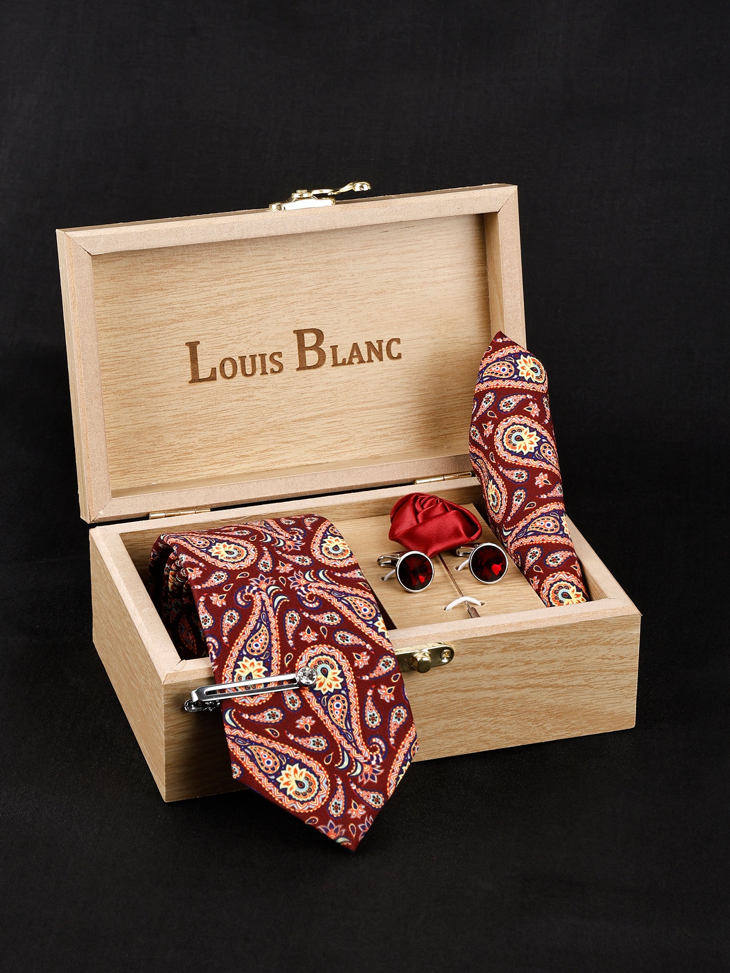 Berry Red Luxury Italian Silk Necktie set With Pocket Square Silver Tie Pin, Cufflinks & Brooch