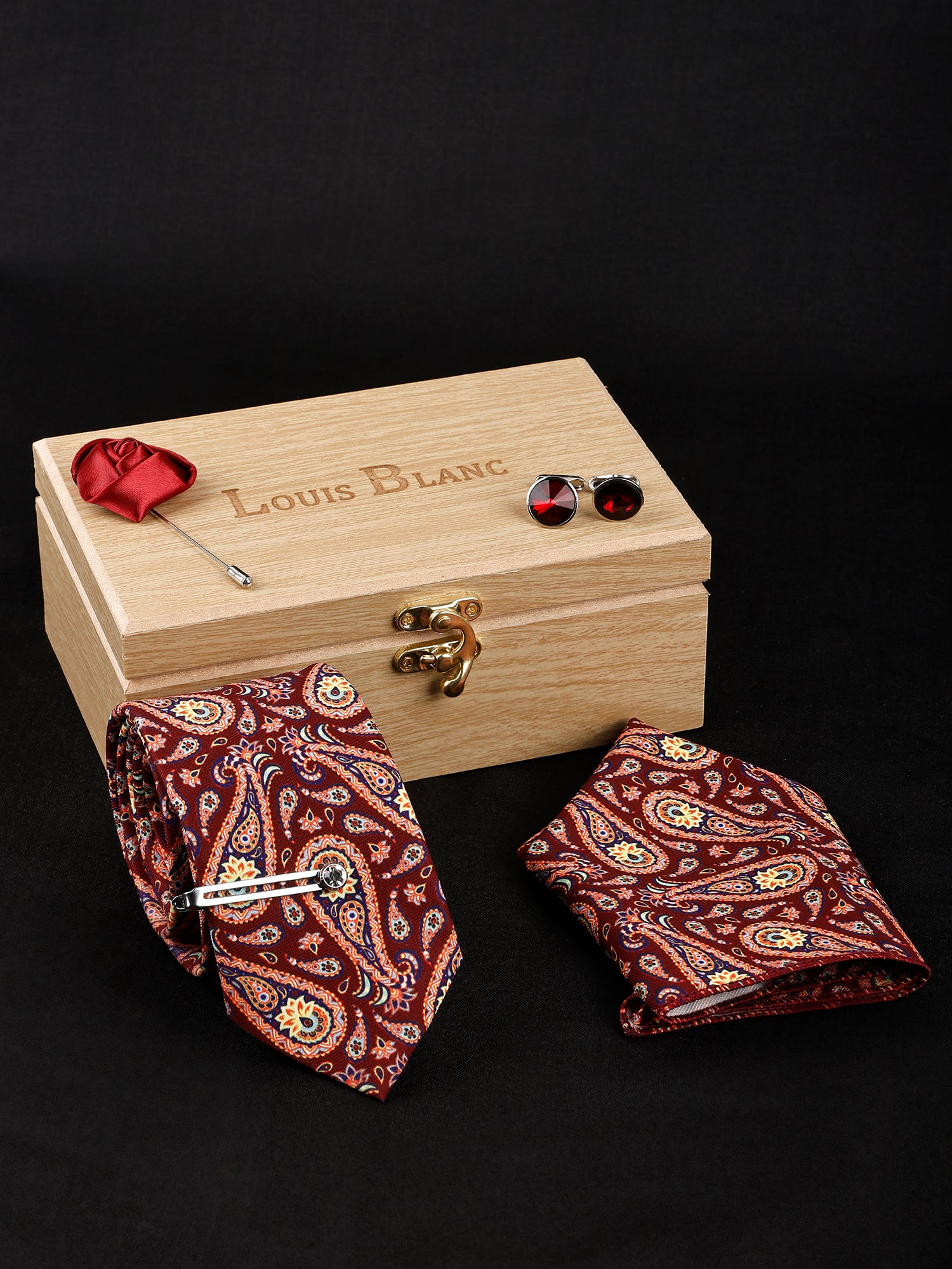 Berry Red Luxury Italian Silk Necktie set With Pocket Square Silver Tie Pin, Cufflinks & Brooch