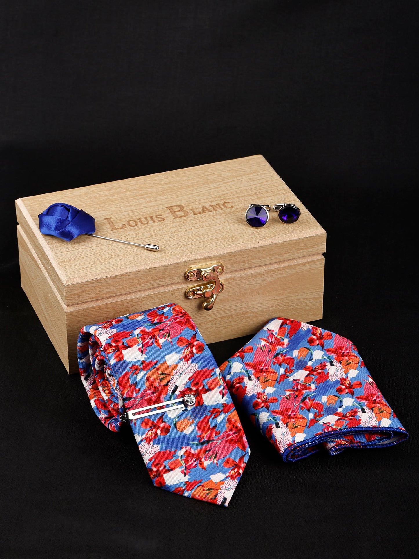 Multi Flower Luxury Italian Silk Necktie Set With Pocket Square Silver Tie Pin, Cufflinks & Brooch