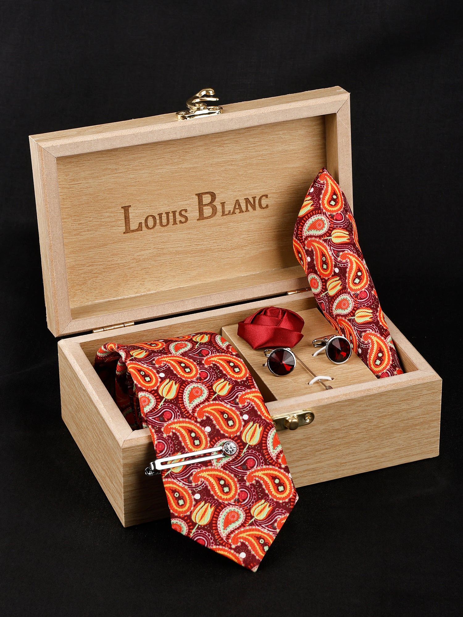 International Mehroon Luxury Italian Silk Necktie Set With Pocket Square Silver Tie pin, Cufflinks & Brooch