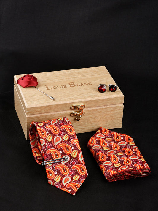 International Mehroon Luxury Italian Silk Necktie Set With Pocket Square Silver Tie pin, Cufflinks & Brooch