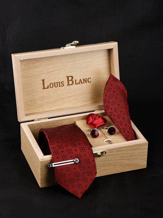 Denim Mehroon Italian Necktie Set With Pocket Square Silver Tie Pin, Cufflinks & Brooch