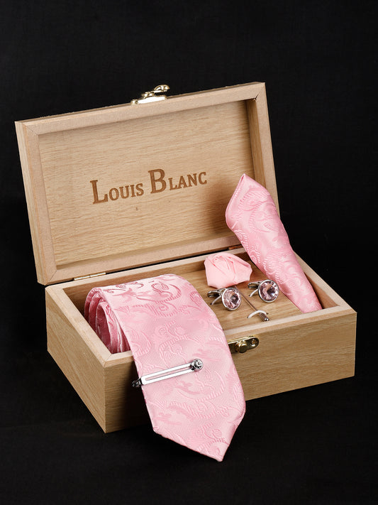 Kari baby pink Italian Necktie Set With Pocket Square Silver Tie Pin, Cufflinks & Brooch