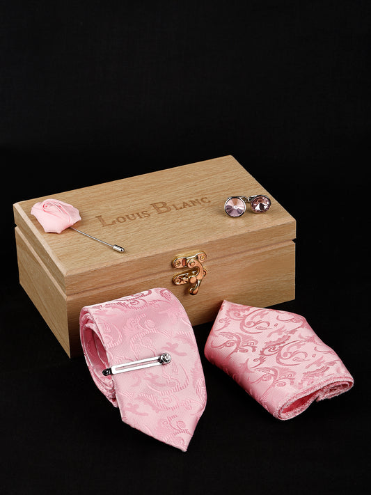 Kari baby pink Italian Necktie Set With Pocket Square Silver Tie Pin, Cufflinks & Brooch