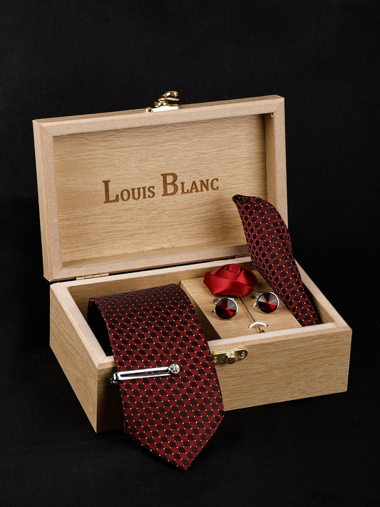 Geometric maroon Italian Necktie Set With Pocket Square Silver Tie Pin, Cufflinks & Brooch