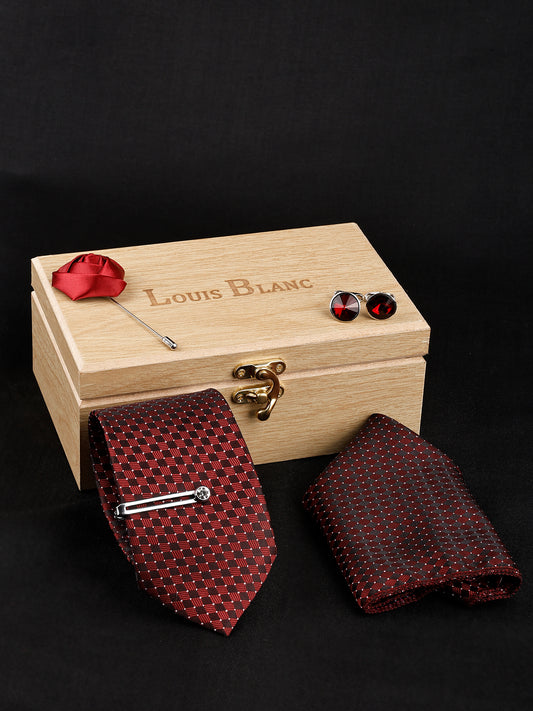 Geometric maroon Italian Necktie Set With Pocket Square Silver Tie Pin, Cufflinks & Brooch