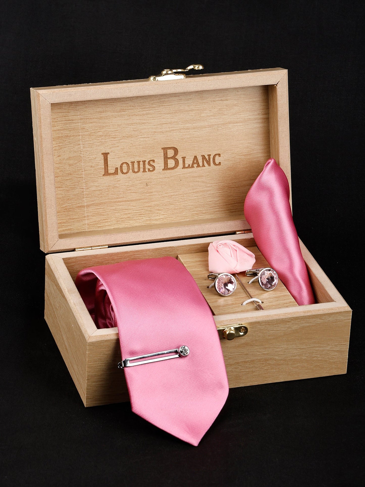 Baby Pink Luxury Solid Necktie Set With Pocket Square Silver Tie Pin, Cufflinks & Brooch