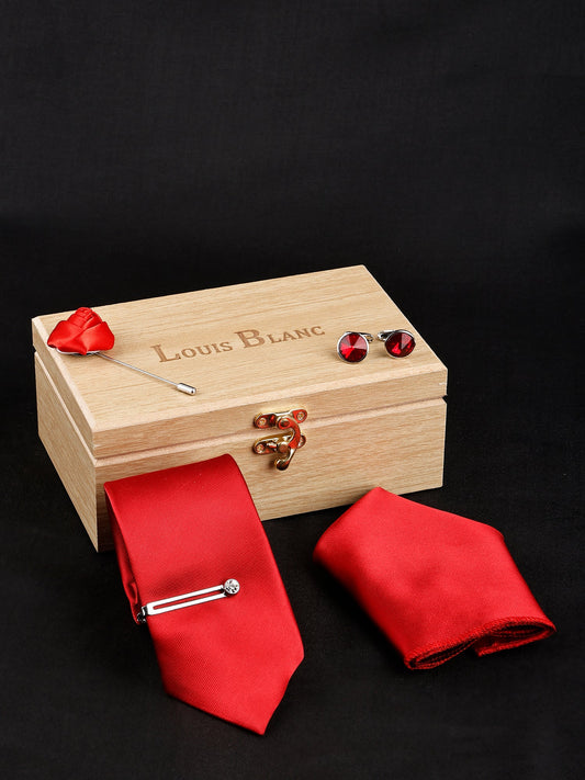 Red Color Luxury Solid Necktie Set With Pocket Square Silver Tie Pin, Cufflinks & Brooch