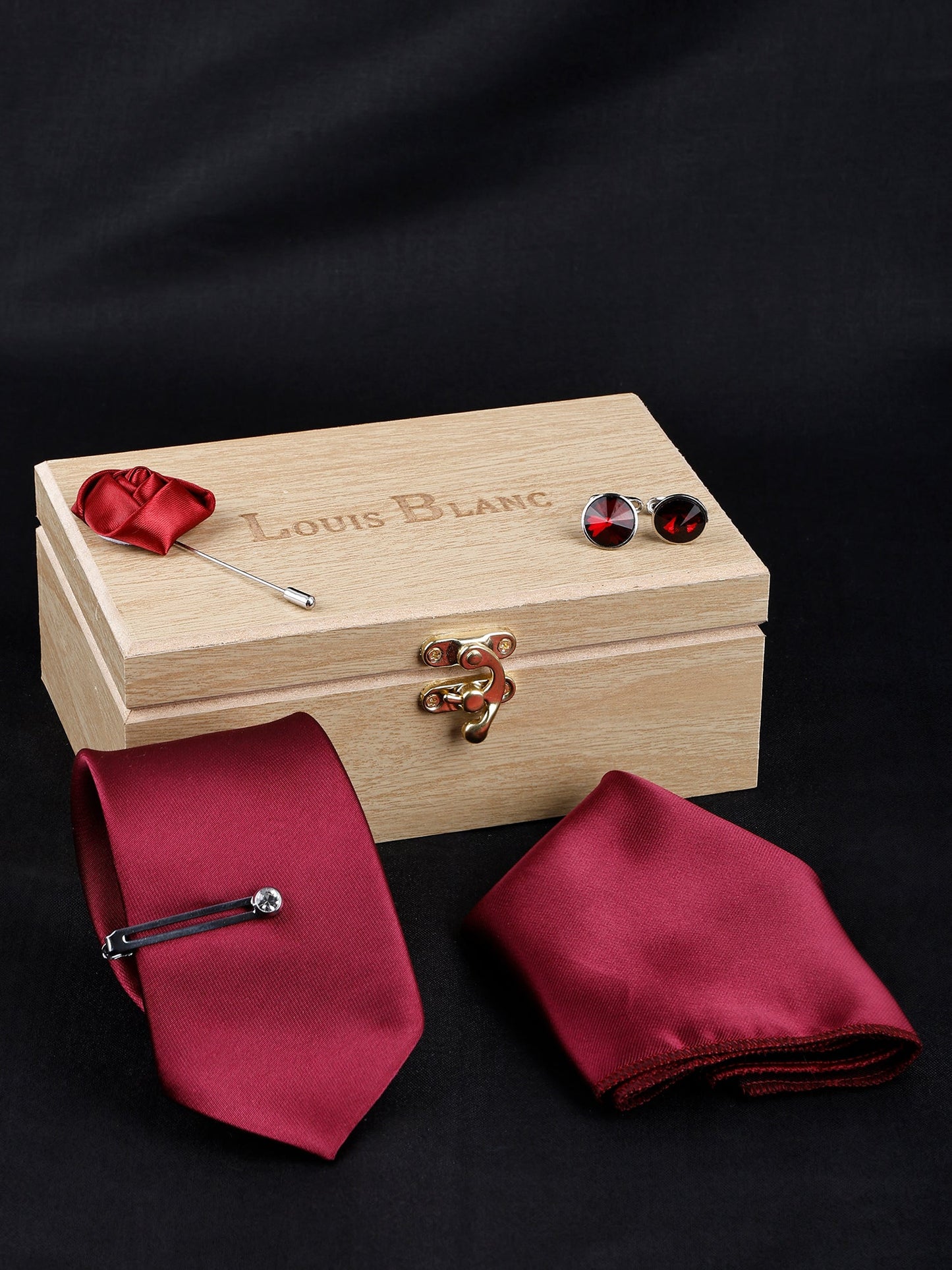 British Red Luxury Solid Necktie Set With Pocket Square Silver Tie Pin Cufflinks & Brooch