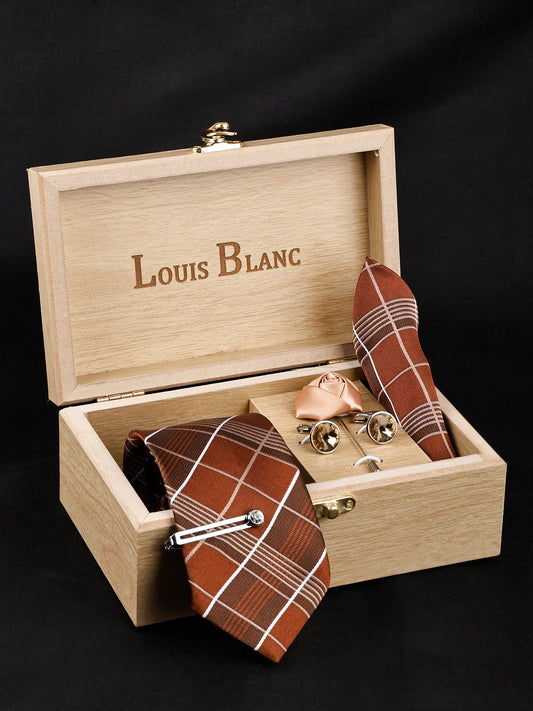 Van Dyke Brown Italian Silk Necktie Set Pocket Square silver Tiepin cufflinks and Brooch