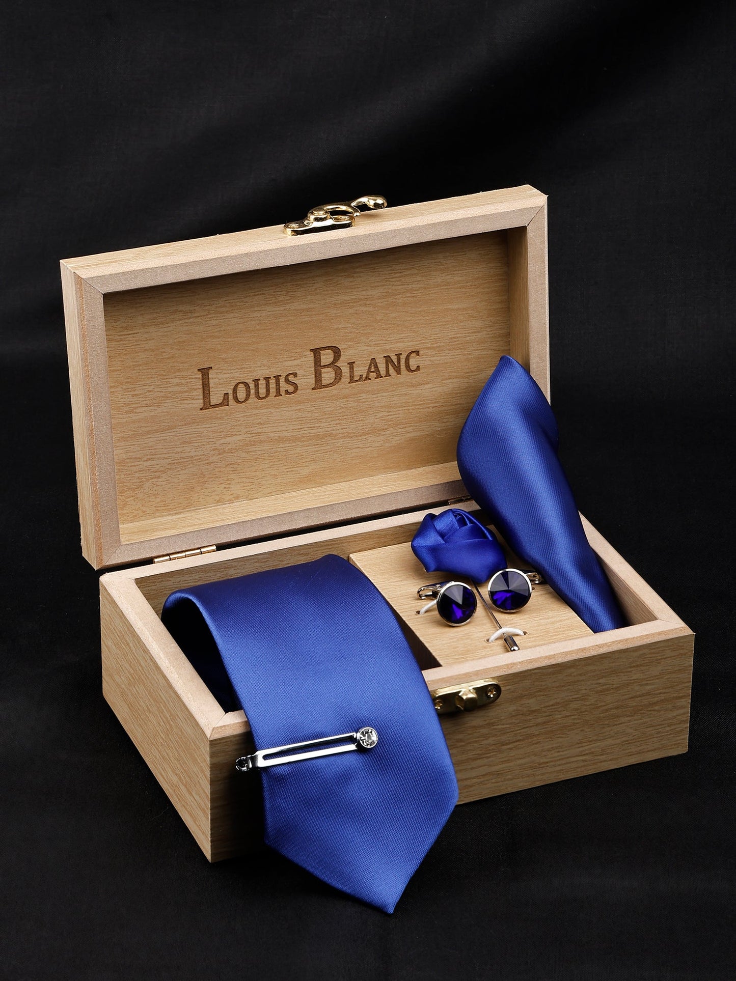 Royal Blue luxury Solid Necktie Set With Pocket Square Silver Tie Pin, Cufflinks & Brooch