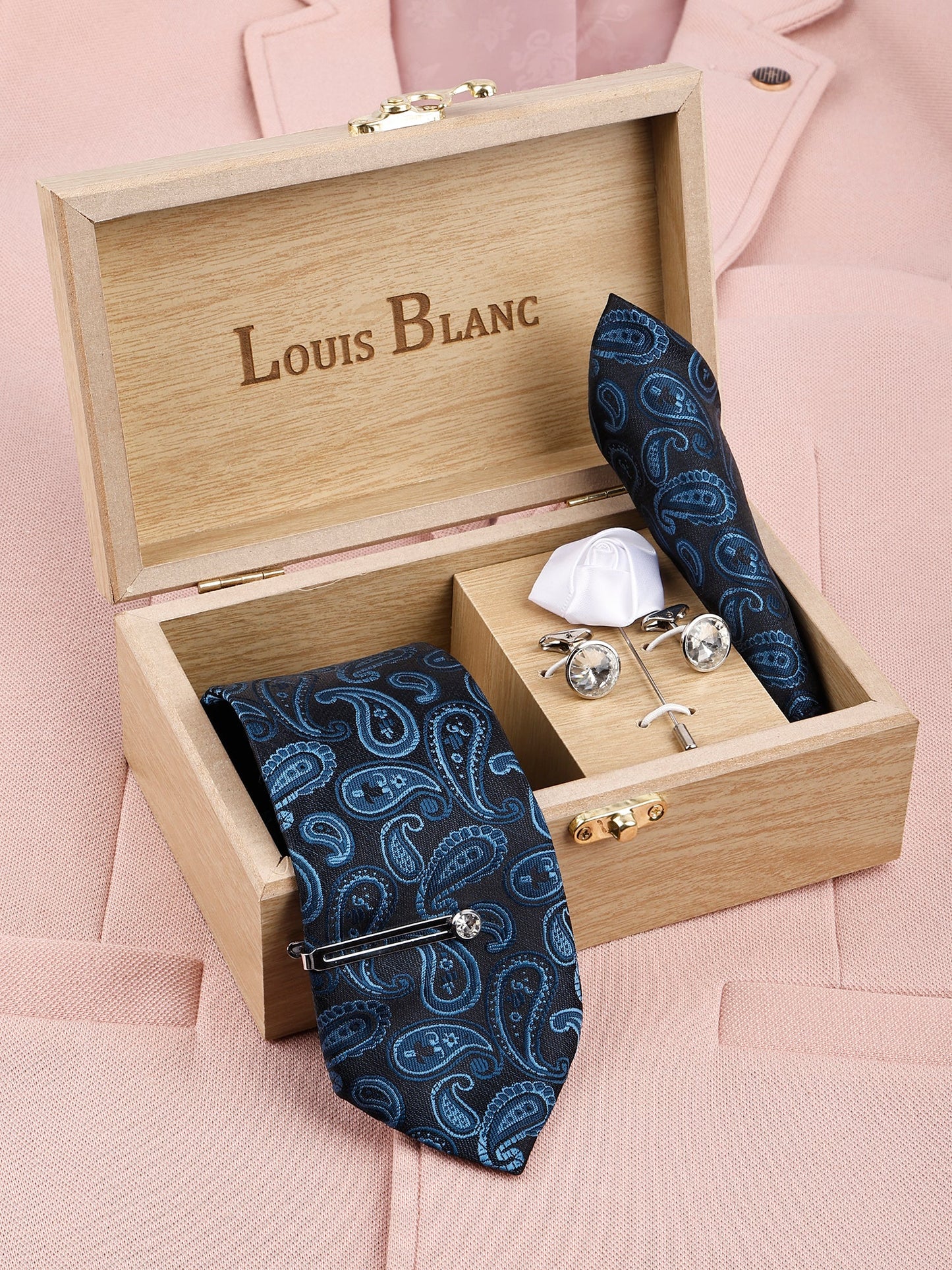 Kari Dark Navy Italian Necktie Set With Pocket Square Silver Tie Pin, Cufflinks & Brooch