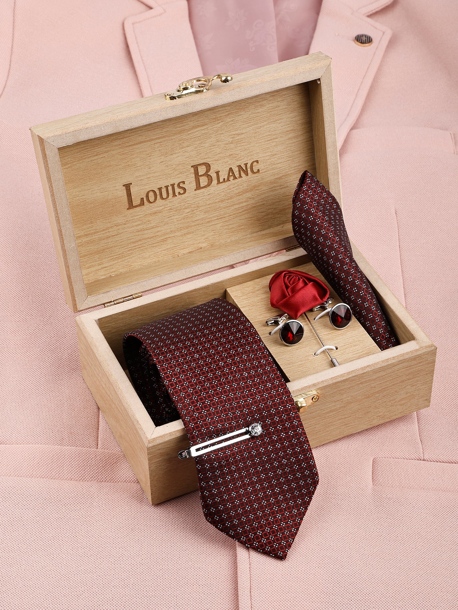 Polka Rosewood Italian Necktie With Pocket Square Silver Tie pin, Cufflinks & Brooch