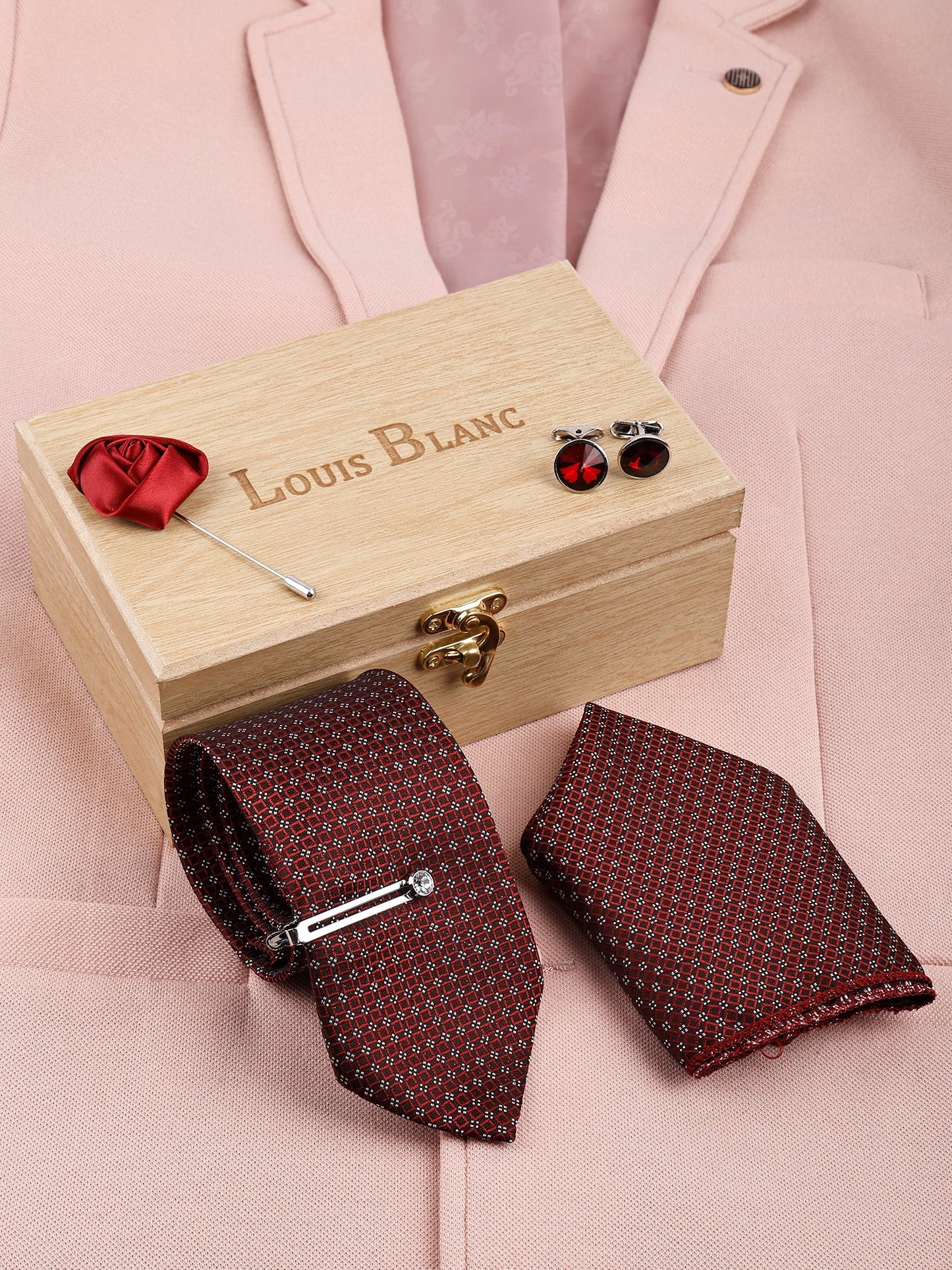 Polka Rosewood Italian Necktie With Pocket Square Silver Tie pin, Cufflinks & Brooch