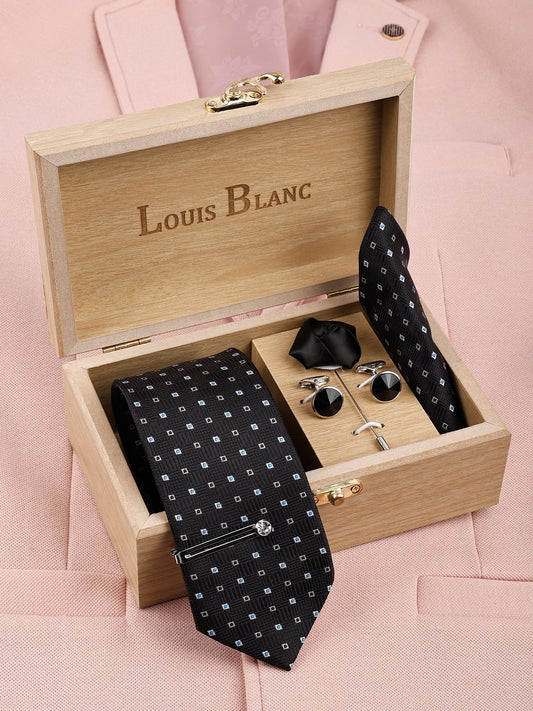 White Dot Black Italian Necktie Set With Pocket Square Silver Tie Pin, Cufflinks & Brooch