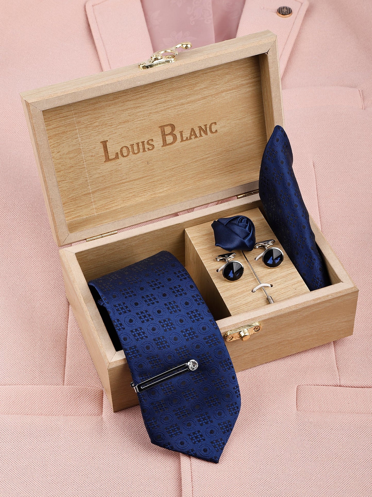 Denim Blue Italian Necktie Set With Pocket Square Silver Tie Pin, Cufflinks & Brooch