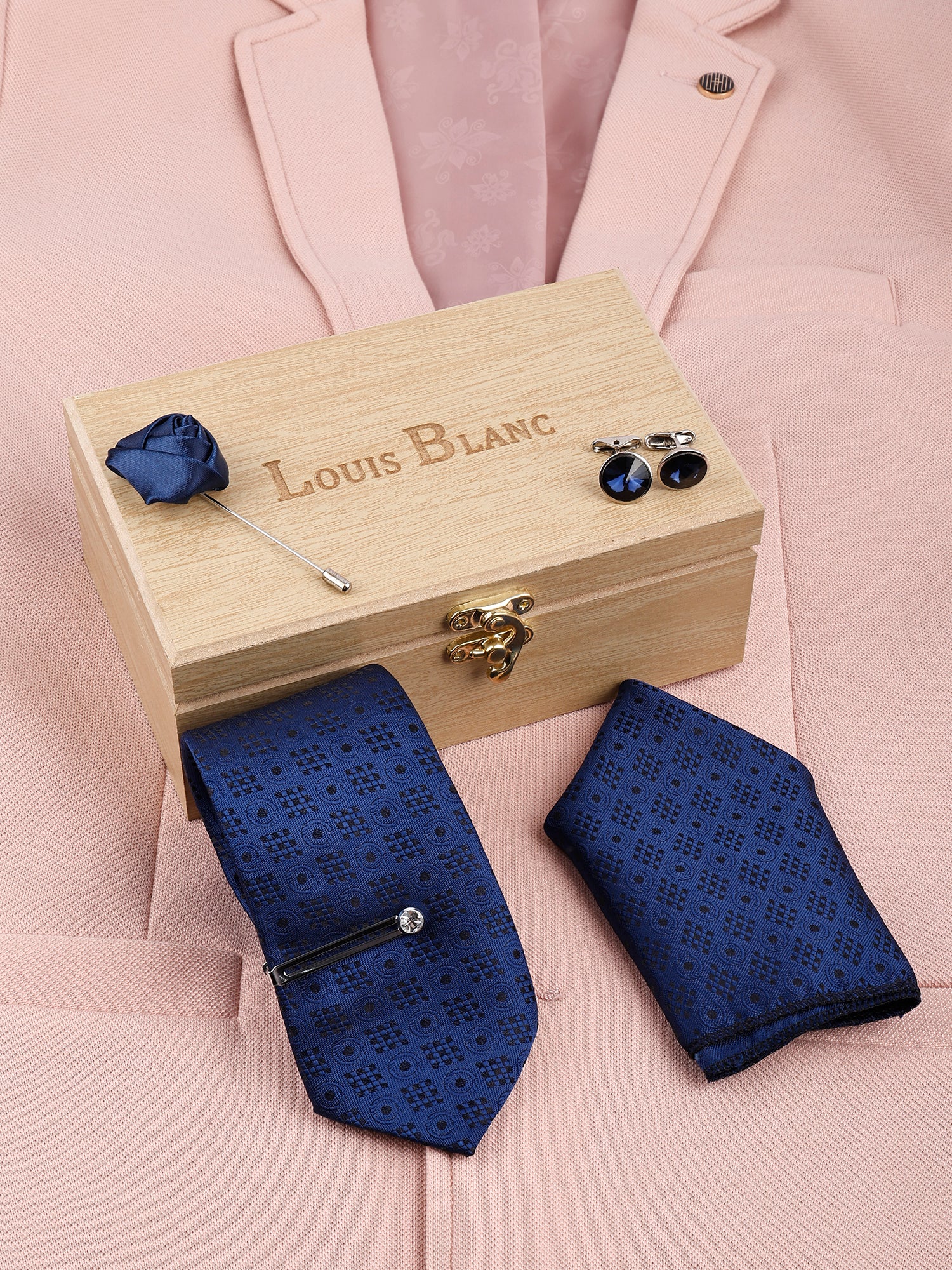 Denim Blue Italian Necktie Set With Pocket Square Silver Tie Pin, Cufflinks & Brooch