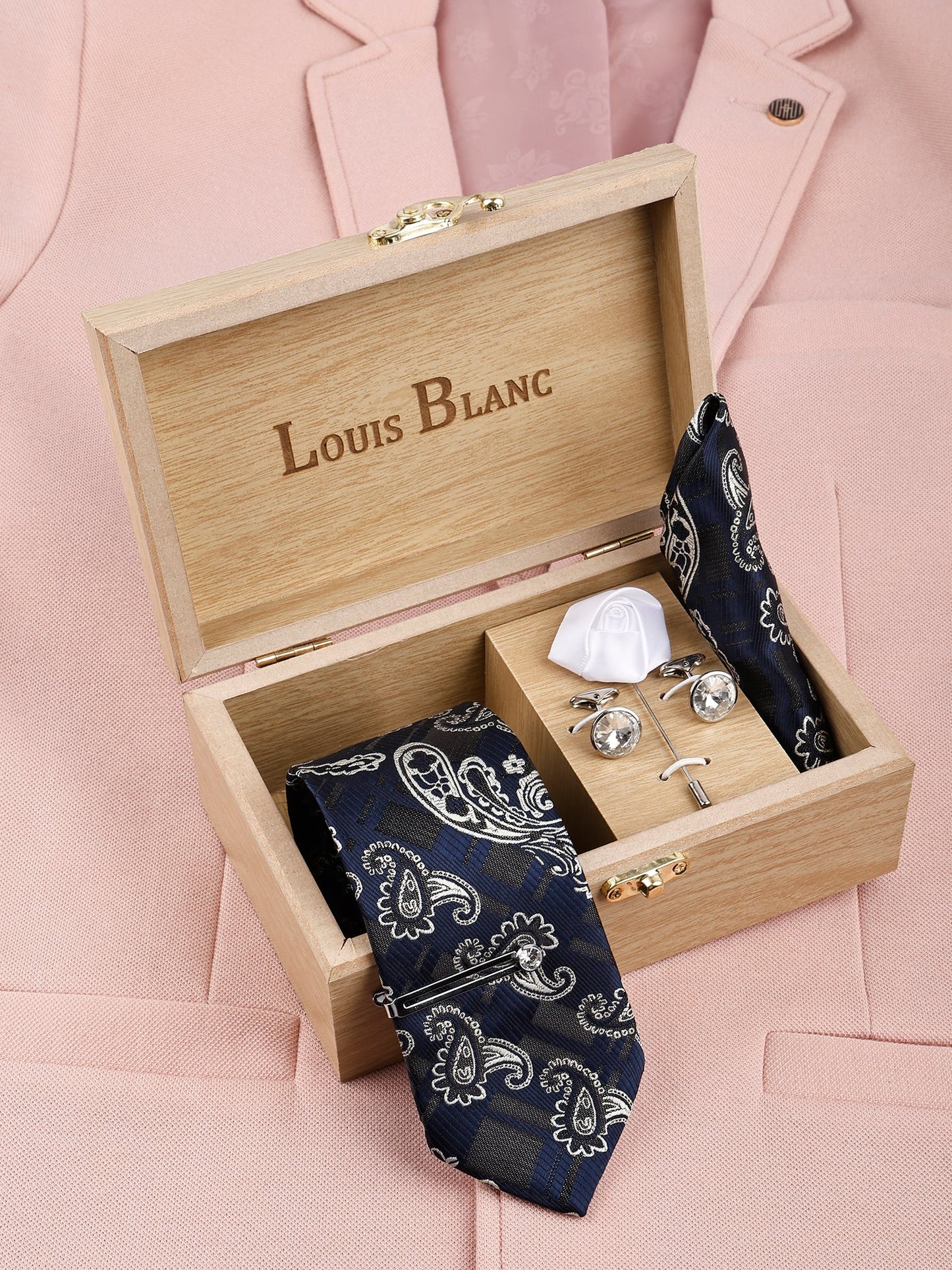 Lilac Navy Italian Necktie Set With Pocket Square Silver Tie Pin, Cufflinks & Brooch