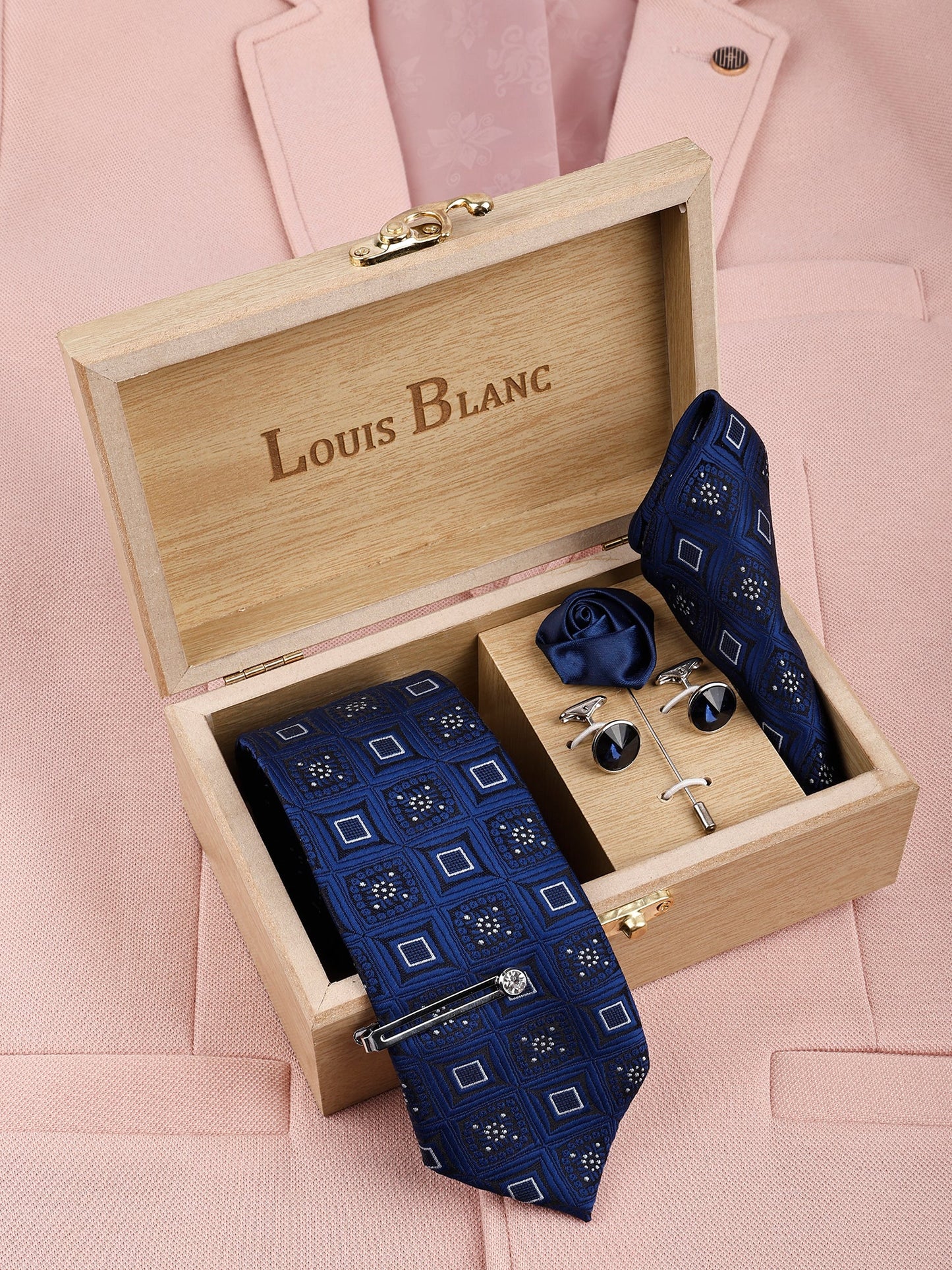 Indigo Blue Italian Necktie Set With Pocket Square Silver Tie Pin, Cufflinks & Brooch