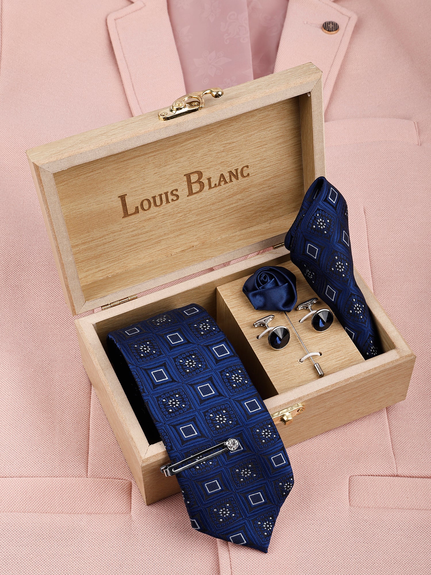 Indigo Blue Italian Necktie Set With Pocket Square Silver Tie Pin, Cufflinks & Brooch
