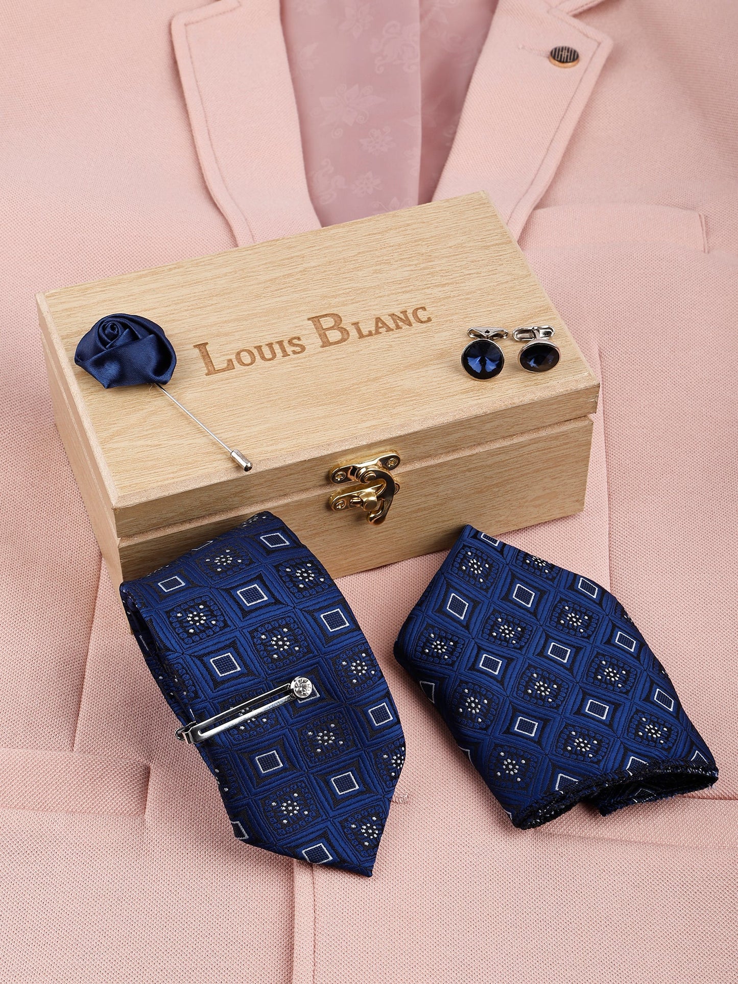 Indigo Blue Italian Necktie Set With Pocket Square Silver Tie Pin, Cufflinks & Brooch