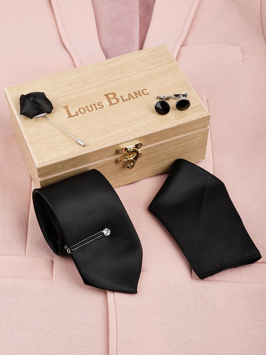 Pearl Black Luxury Solid Necktie Set With Pocket Square Tie Pin, Cufflinks & Brooch