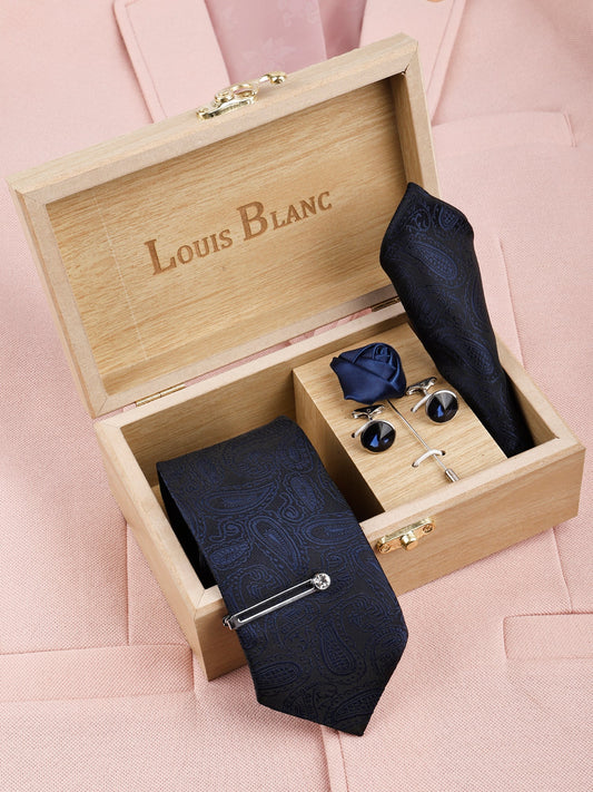 Space Blue Italian Necktie Set With Pocket Square Silver Tie pin, Cufflinks & Brooch