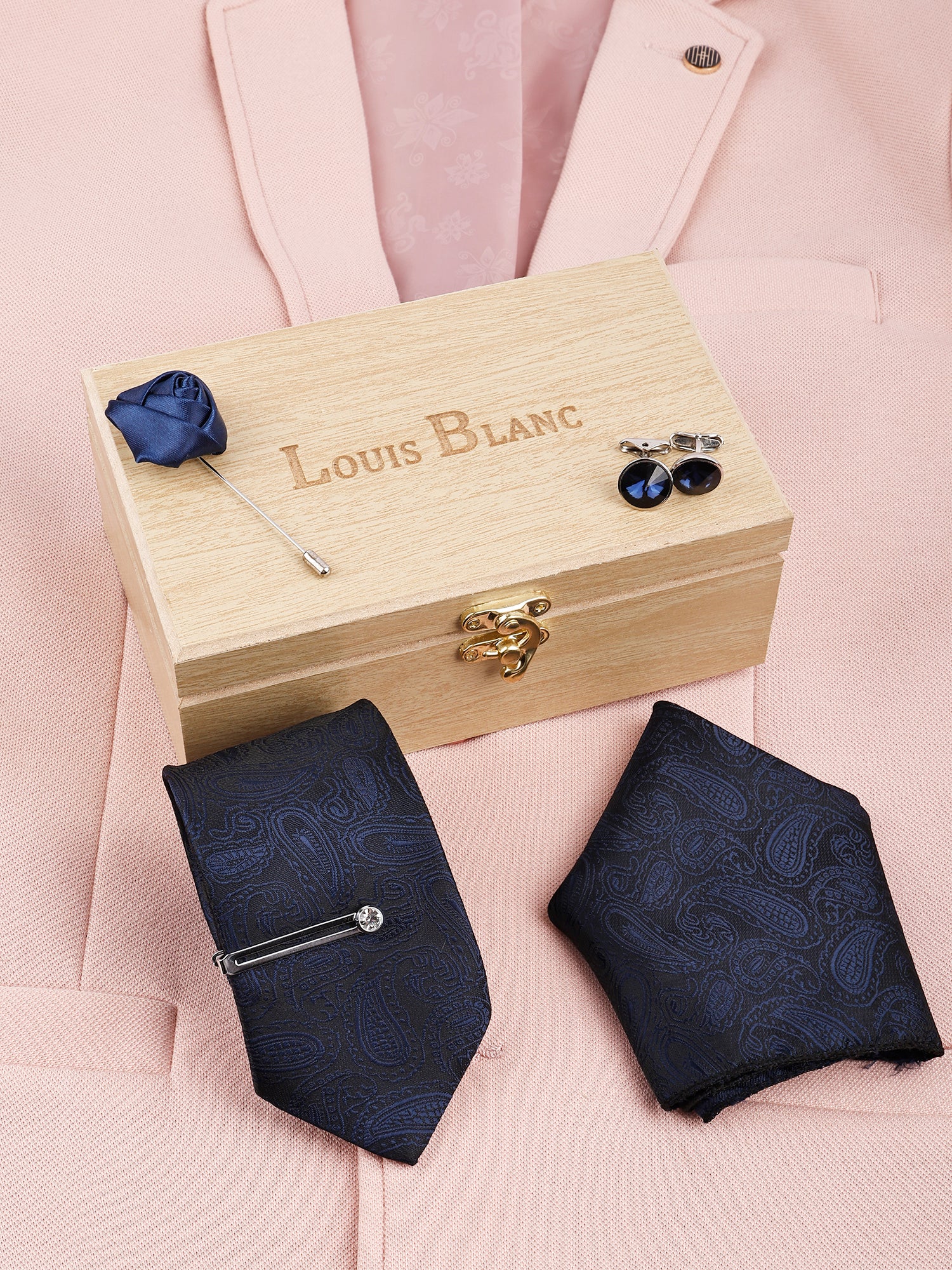 Space Blue Italian Necktie Set With Pocket Square Silver Tie pin, Cufflinks & Brooch