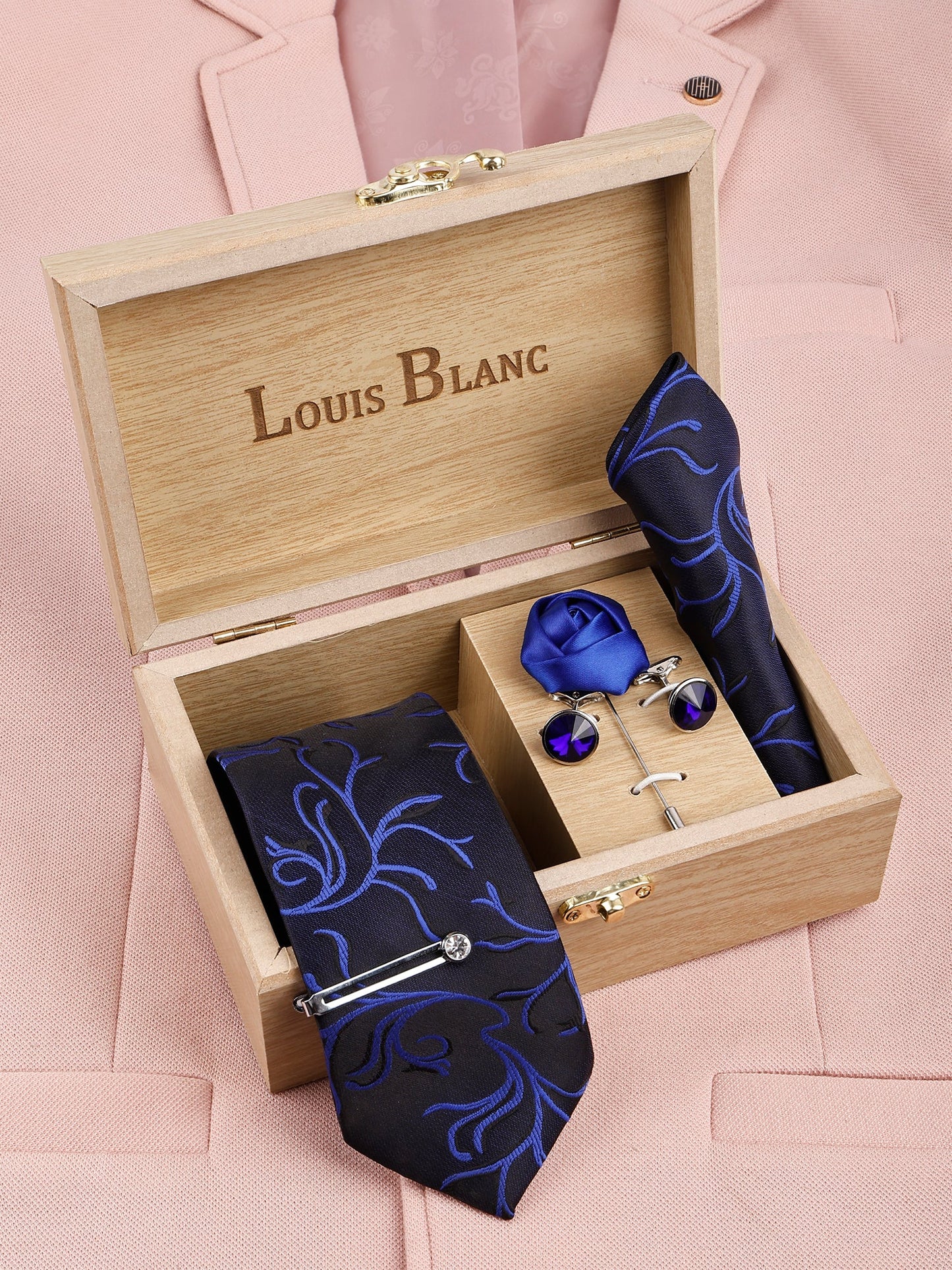 Marine Blue Italian Neckties With Pocket Square Silver Tie Pin, Cufflinks & Brooch