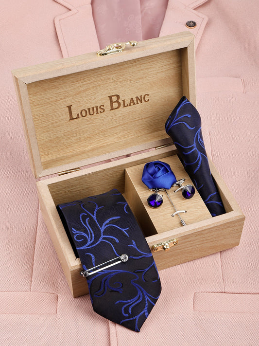 Marine Blue Italian Neckties With Pocket Square Silver Tie Pin, Cufflinks & Brooch