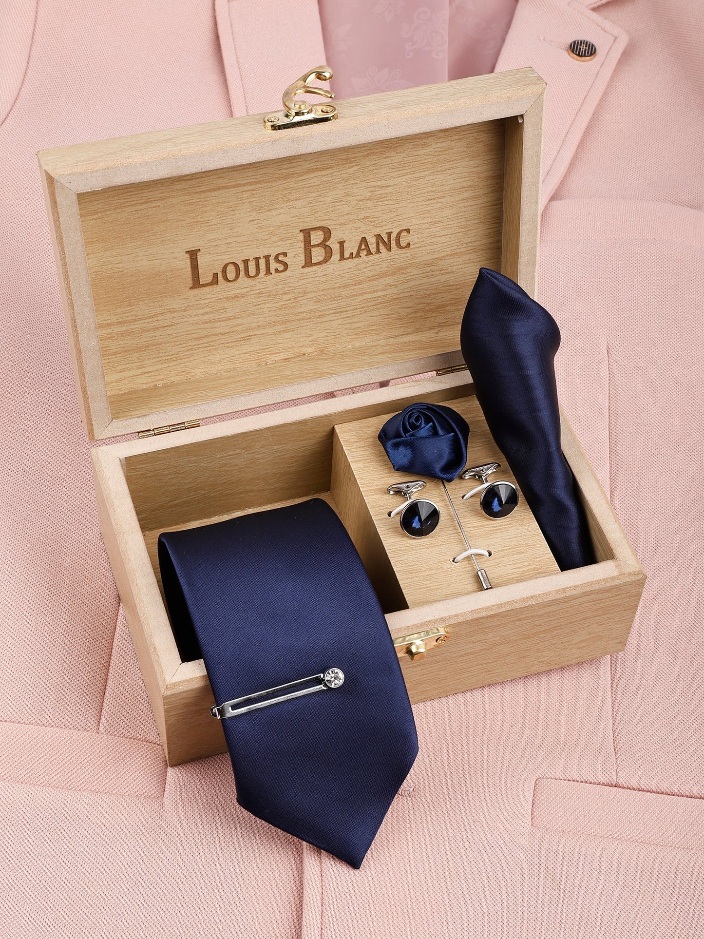 Aegean Blue Luxury Solid Necktie Set With Pocket Square silver Tie Pin, Cufflinks & Brooch