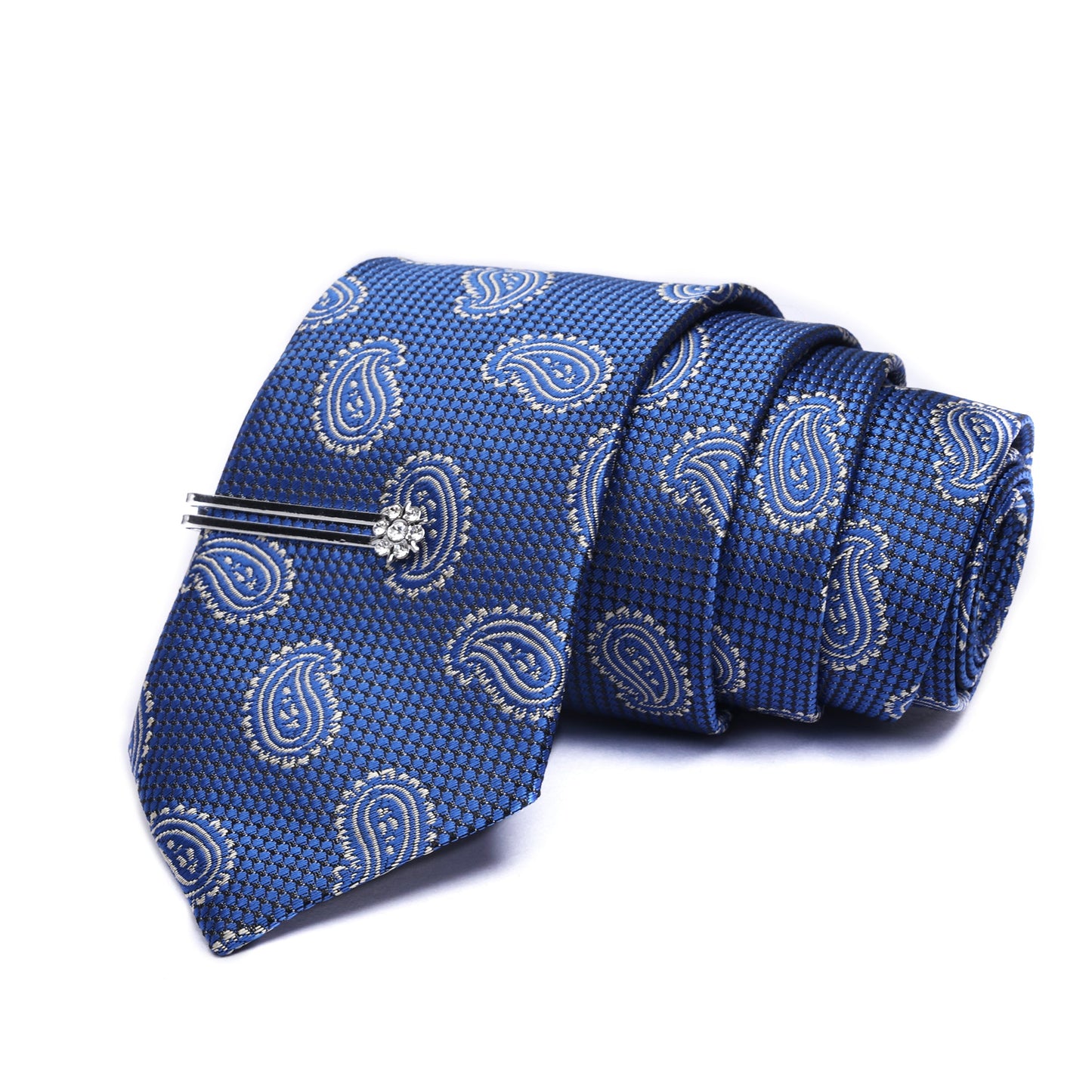 Marine Blue Italian Silk Neckties Set Pocket Square Silver Tiepin Cufflinks & Brooch
