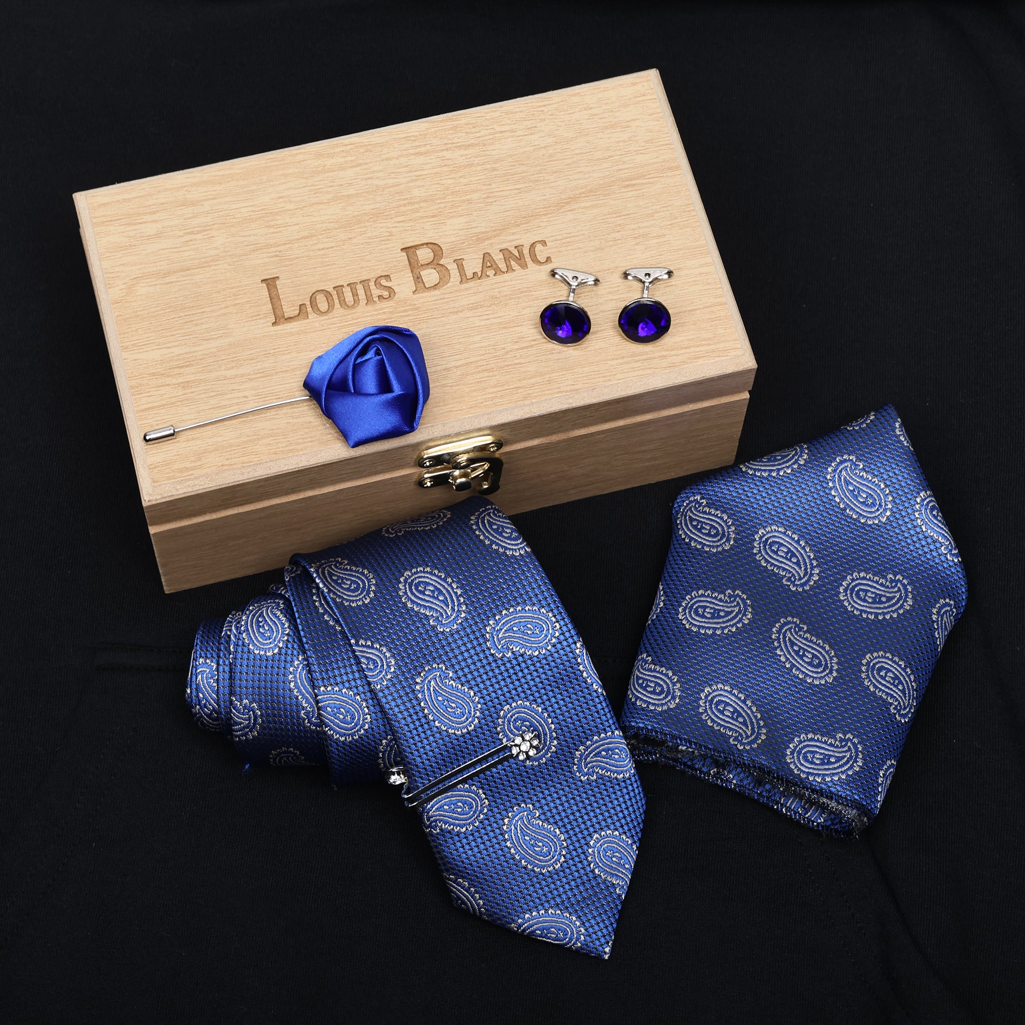 Marine Blue Italian Silk Neckties Set Pocket Square Silver Tiepin Cufflinks & Brooch