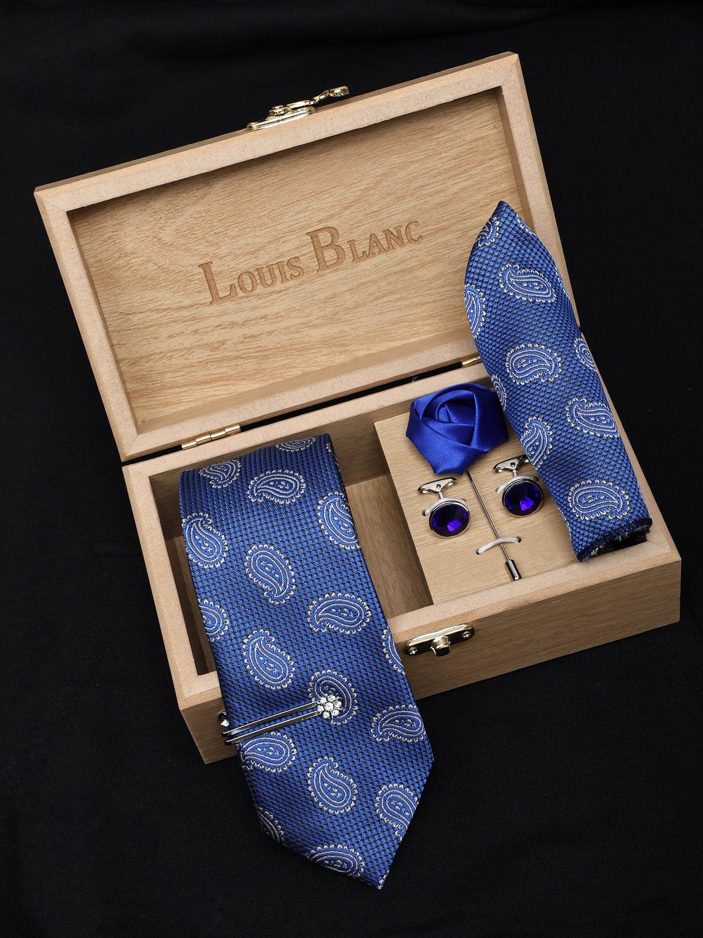 Marine Blue Italian Silk Neckties Set Pocket Square Silver Tiepin Cufflinks & Brooch