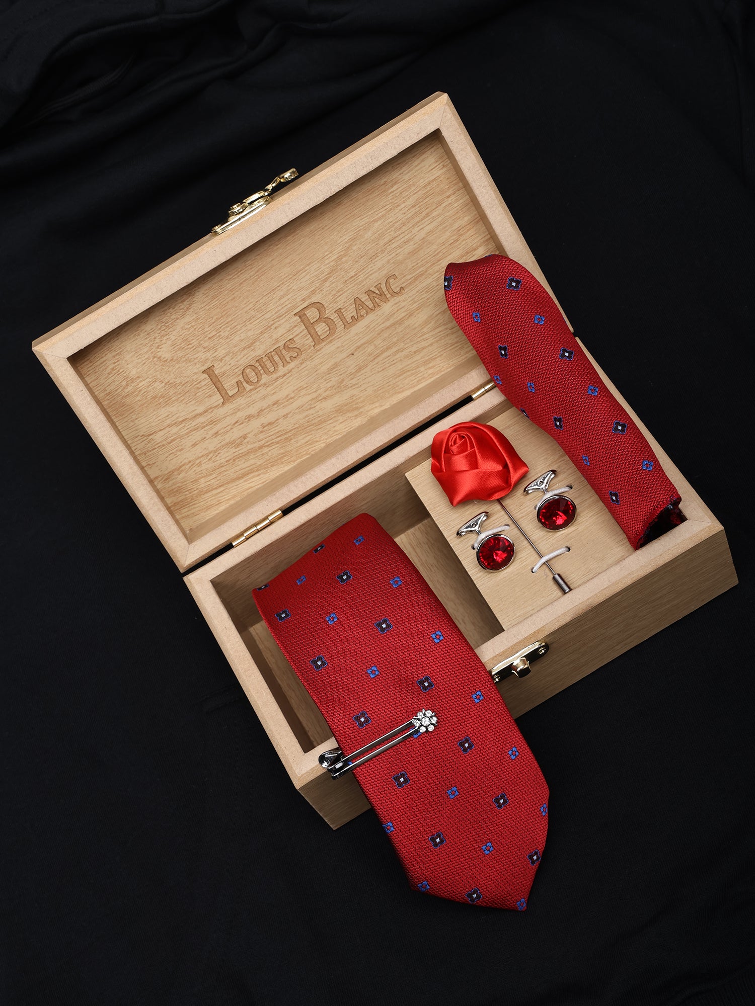 Red Italian Silk Neckties set Pocket Square Silver Tie Pin Cufflinks & Brooch