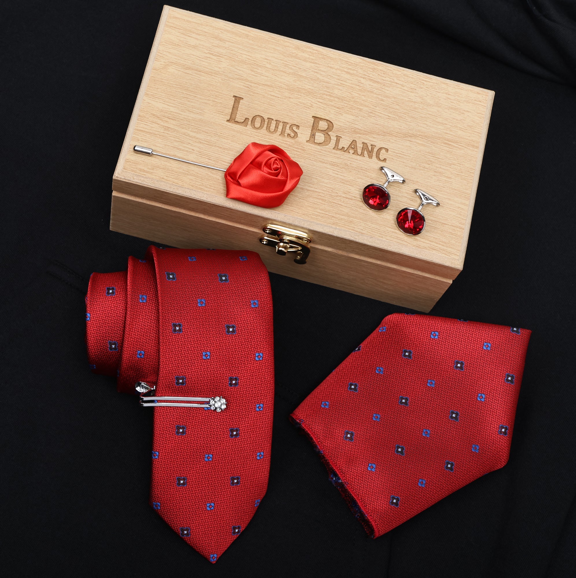 Red Italian Silk Neckties set Pocket Square Silver Tie Pin Cufflinks & Brooch