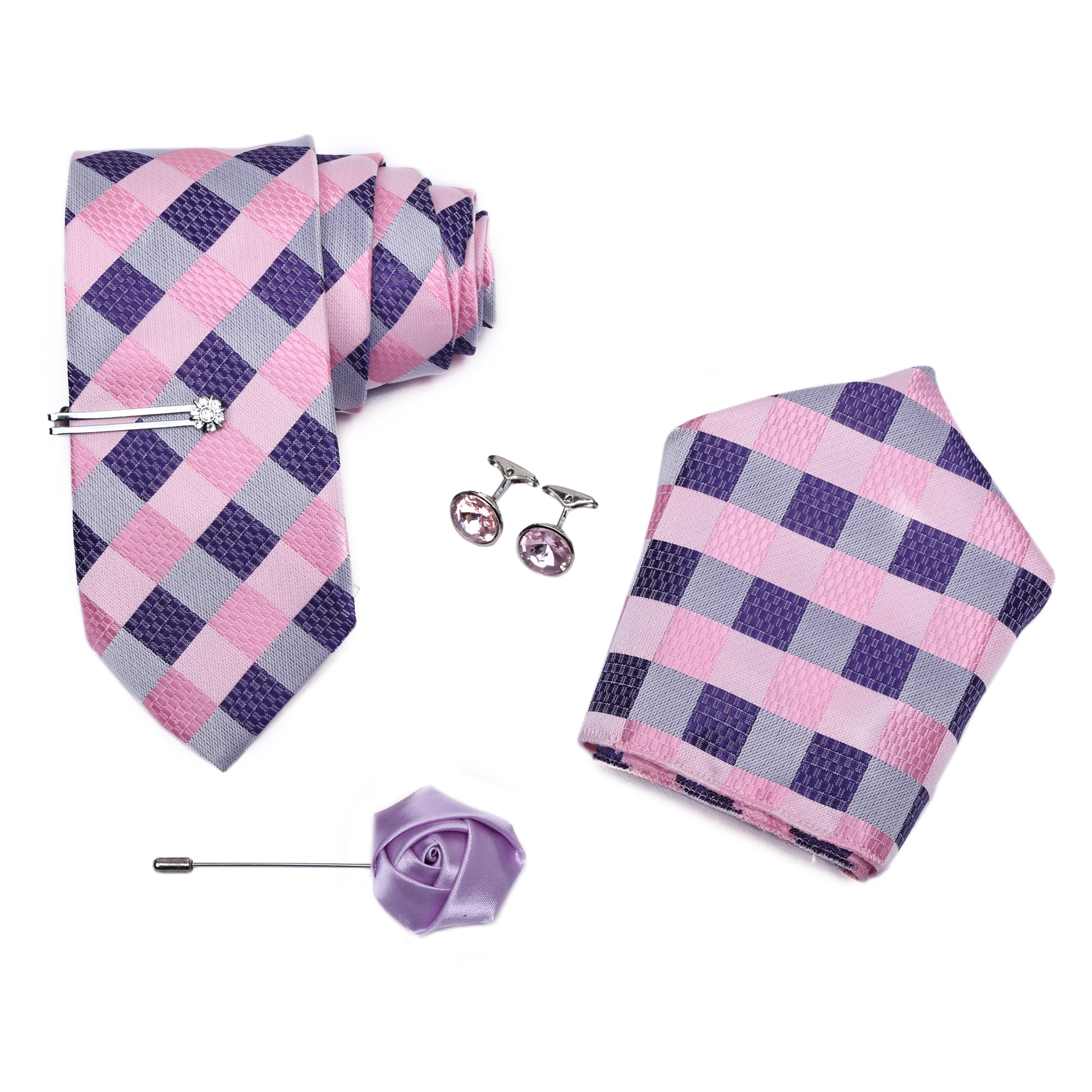 Lavender Italian Silk Neckties Set Pocket Square Silver Tie Pin Cufflinks & Brooch
