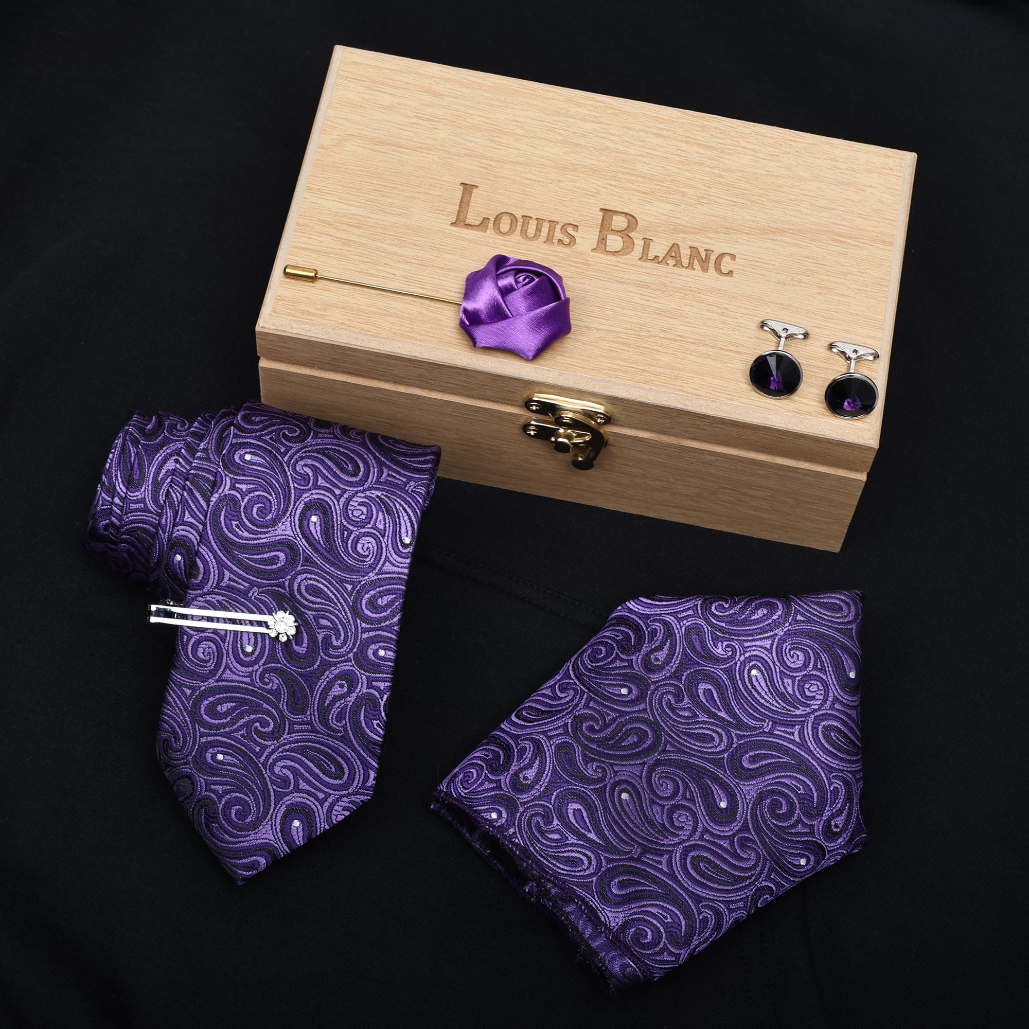 Heliotrope Purple Italian Silk neckties Set With Pocket Square Cufflinks Brooch Silver Tiepin
