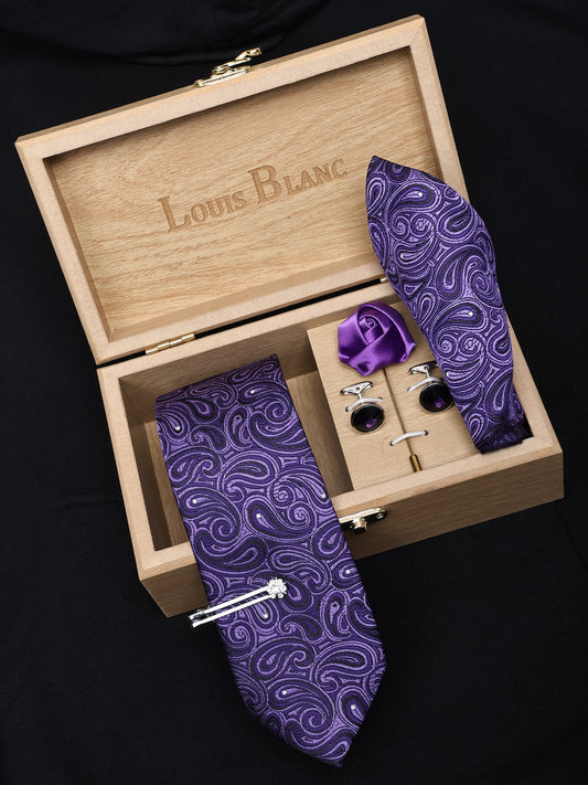 Heliotrope Purple Italian Silk neckties Set With Pocket Square Cufflinks Brooch Silver Tiepin