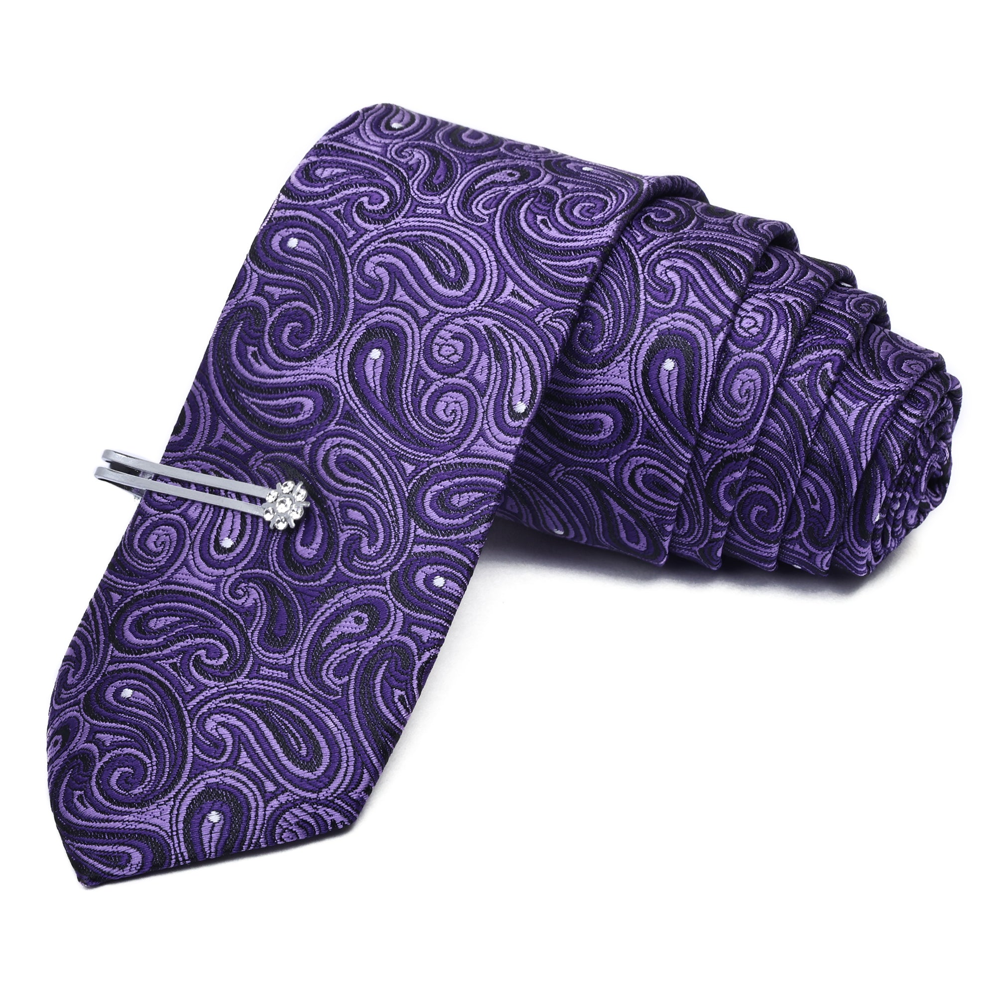 Heliotrope Purple Italian Silk neckties Set With Pocket Square Cufflinks Brooch Silver Tiepin