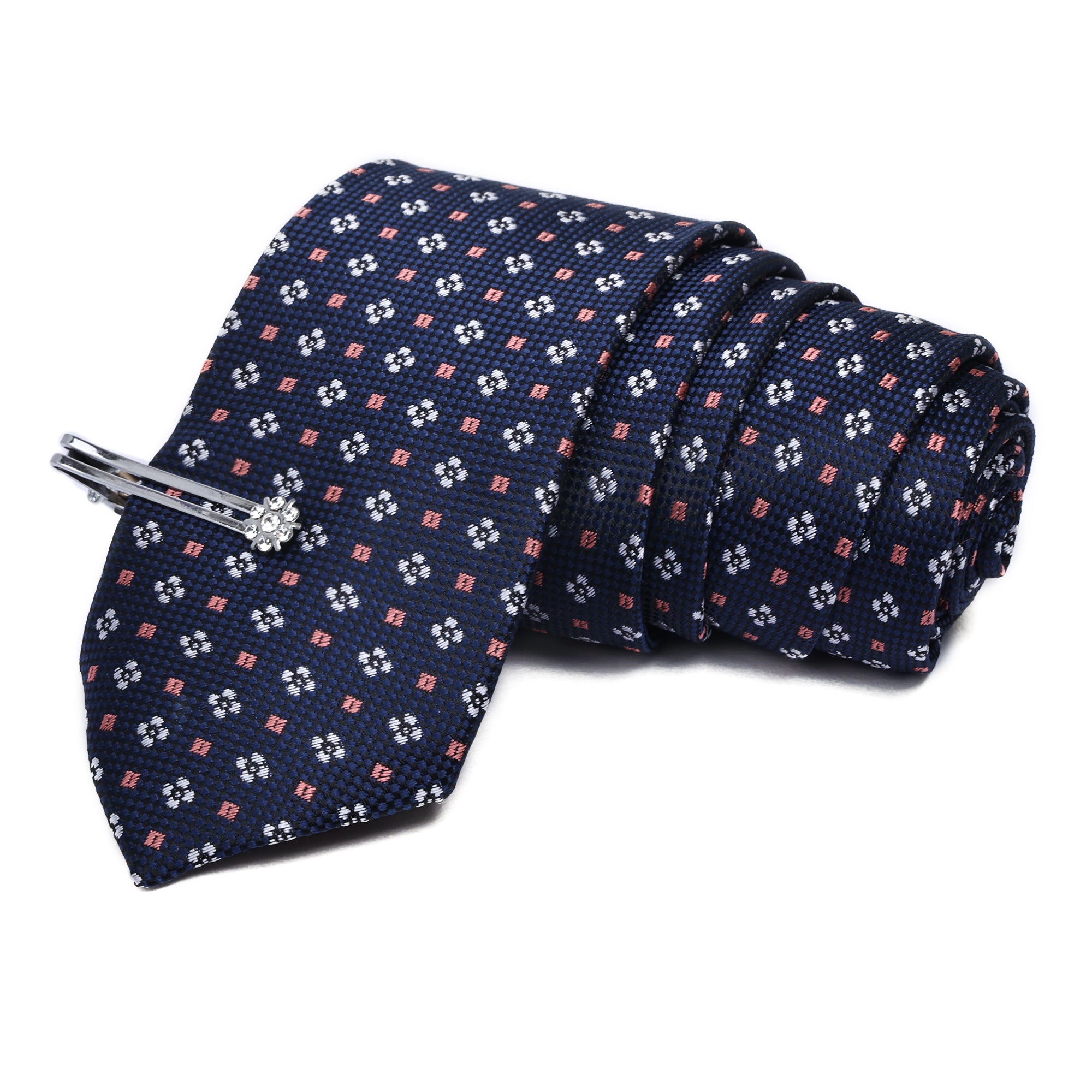 Denim Blue Italian Silk Necktie Set Pocket Square Silver Tiepin