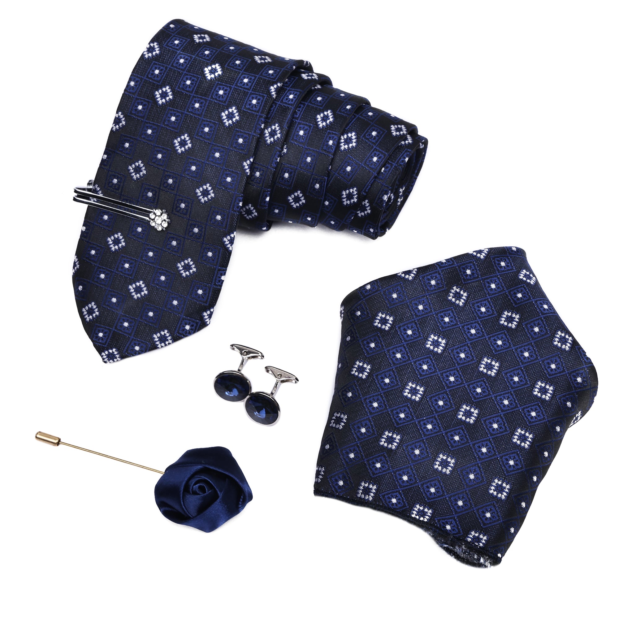 Block Navy Blue Italian Silk Neckties Set Pocket Square Tiepin Cufflinks & Brooch