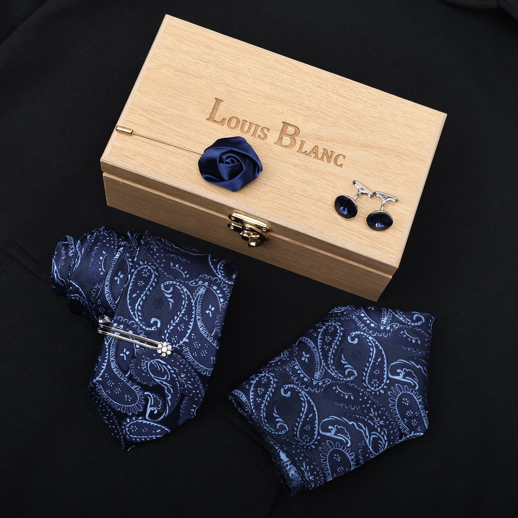 Kari Navy Italian Silk Neckties Set With Pocket Square Cufflinks Brooch Silver Tiepin