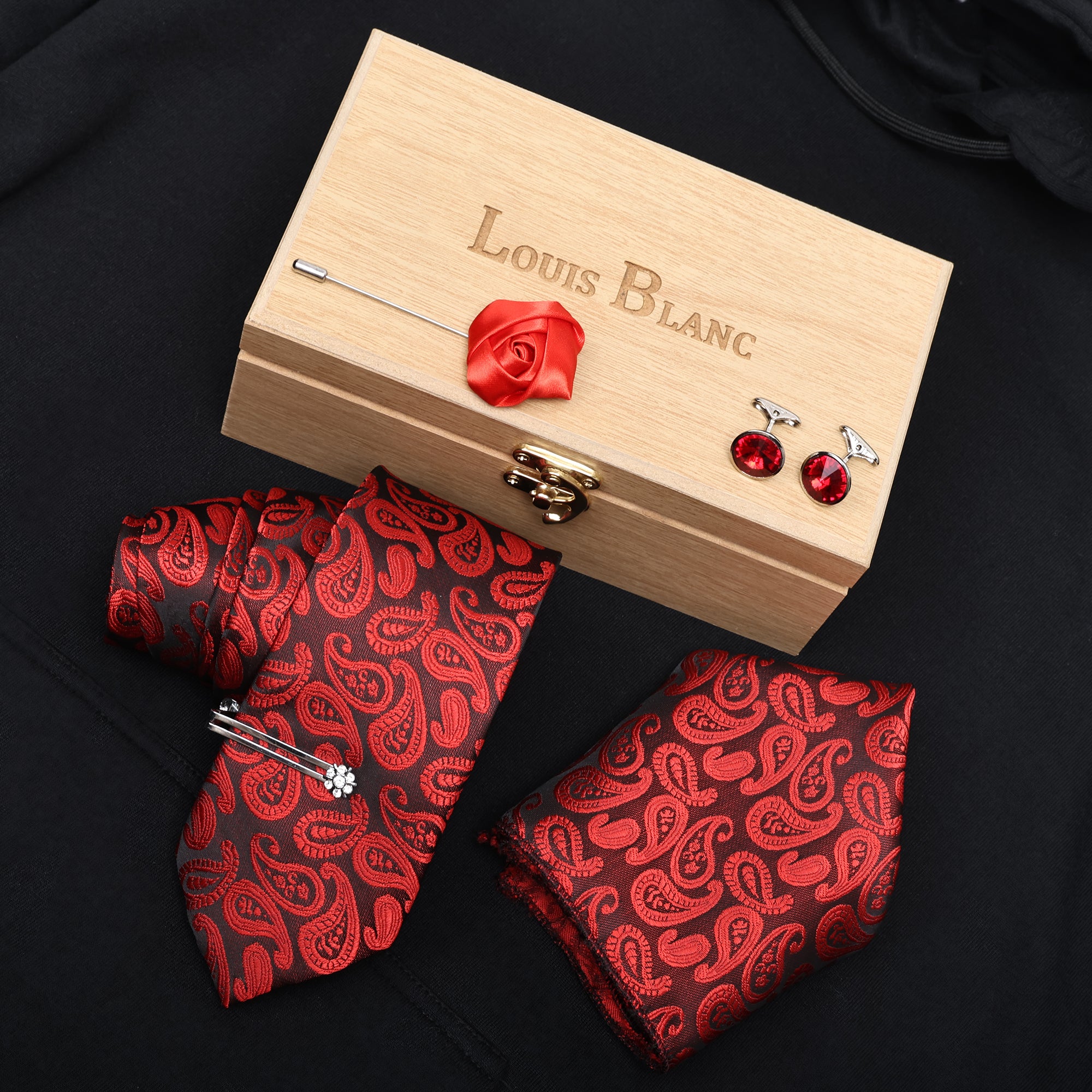 Kari Red Italian Silk Neckties Set Pocket Square Silver Tiepin