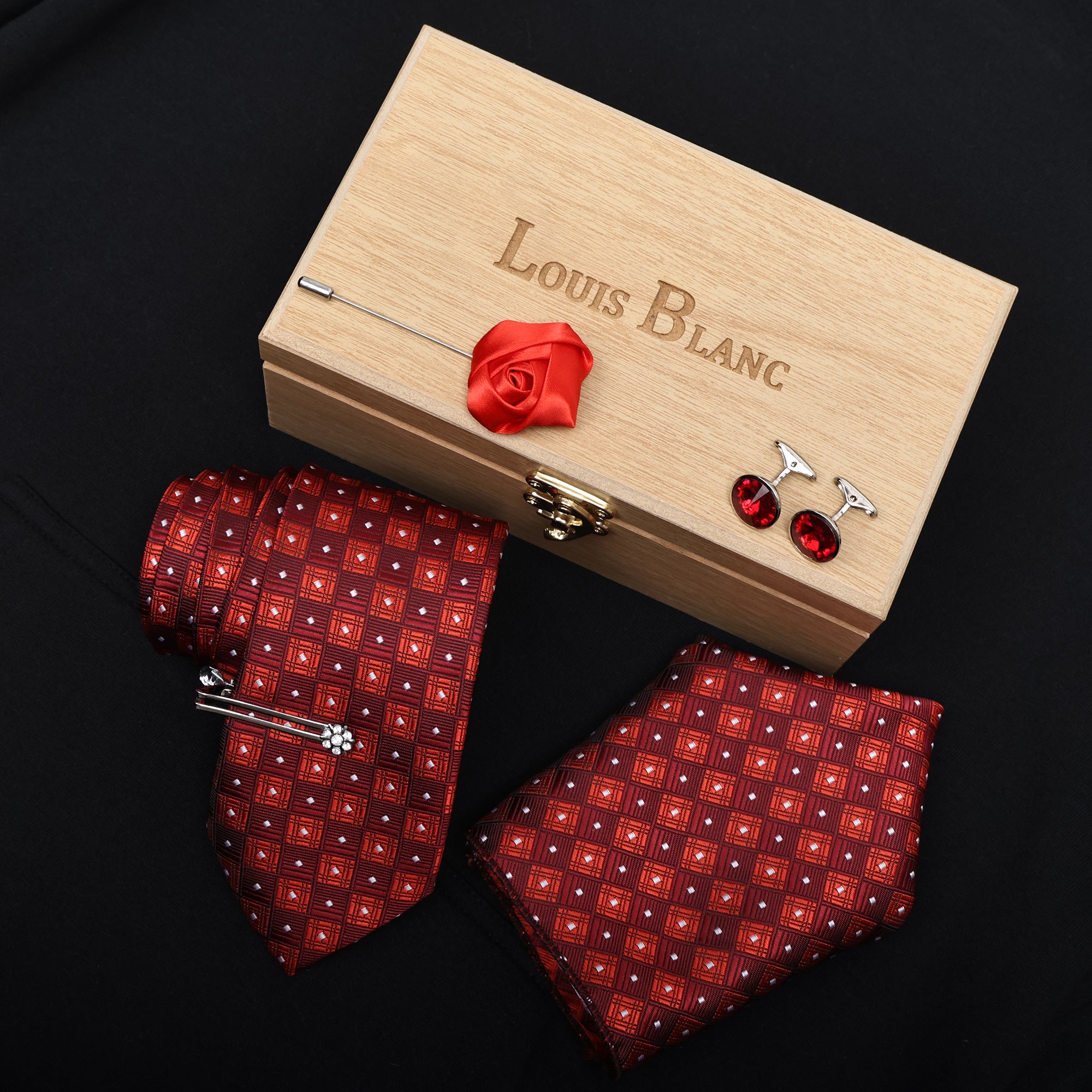 Red & White Block Italian Silk Neckties Set Pocket Square Silver Tiepin