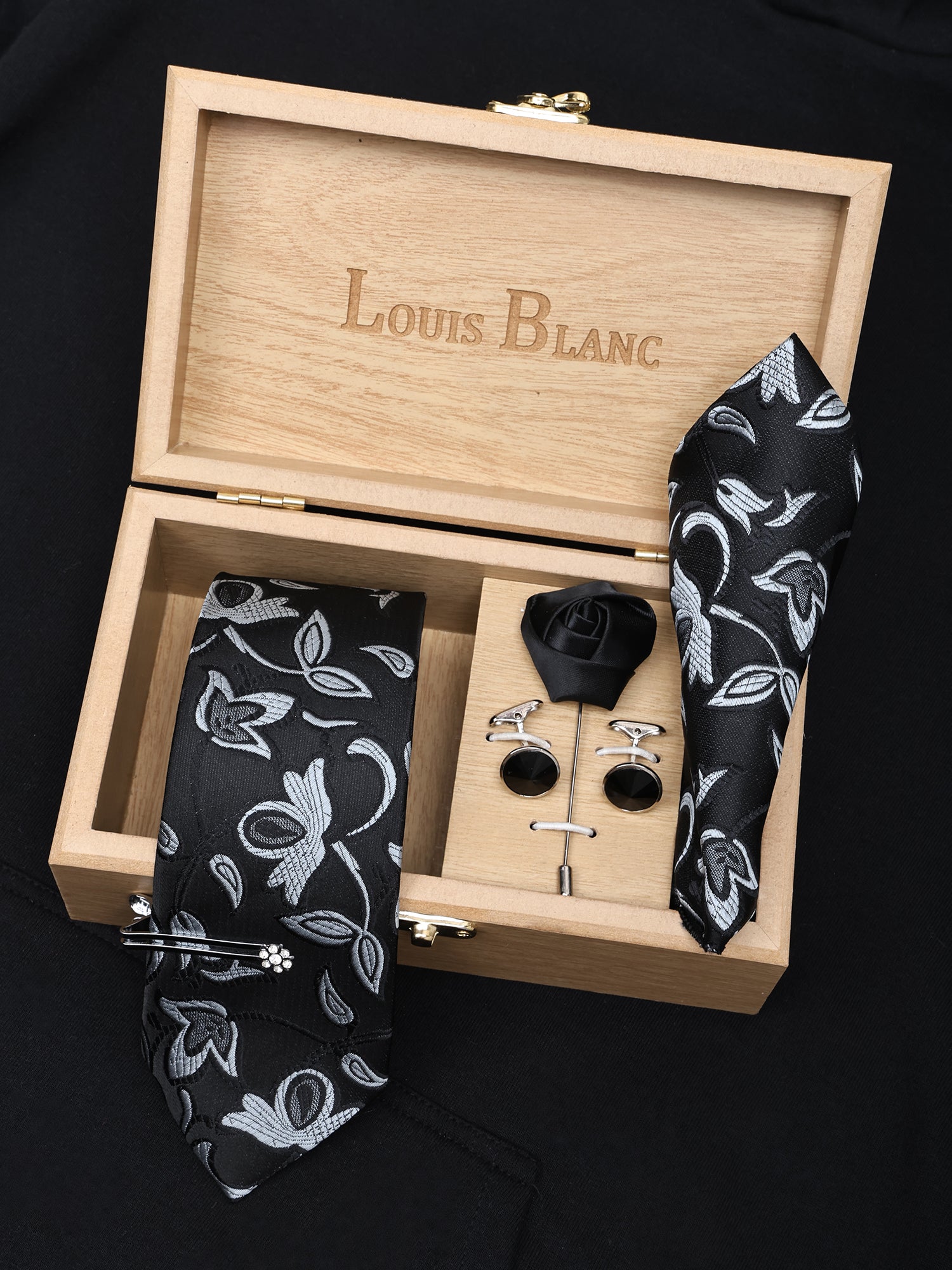 Sable Black Italian Silk Neckties Set Pocket Square Silver Tiepin Cufflinks & Brooch