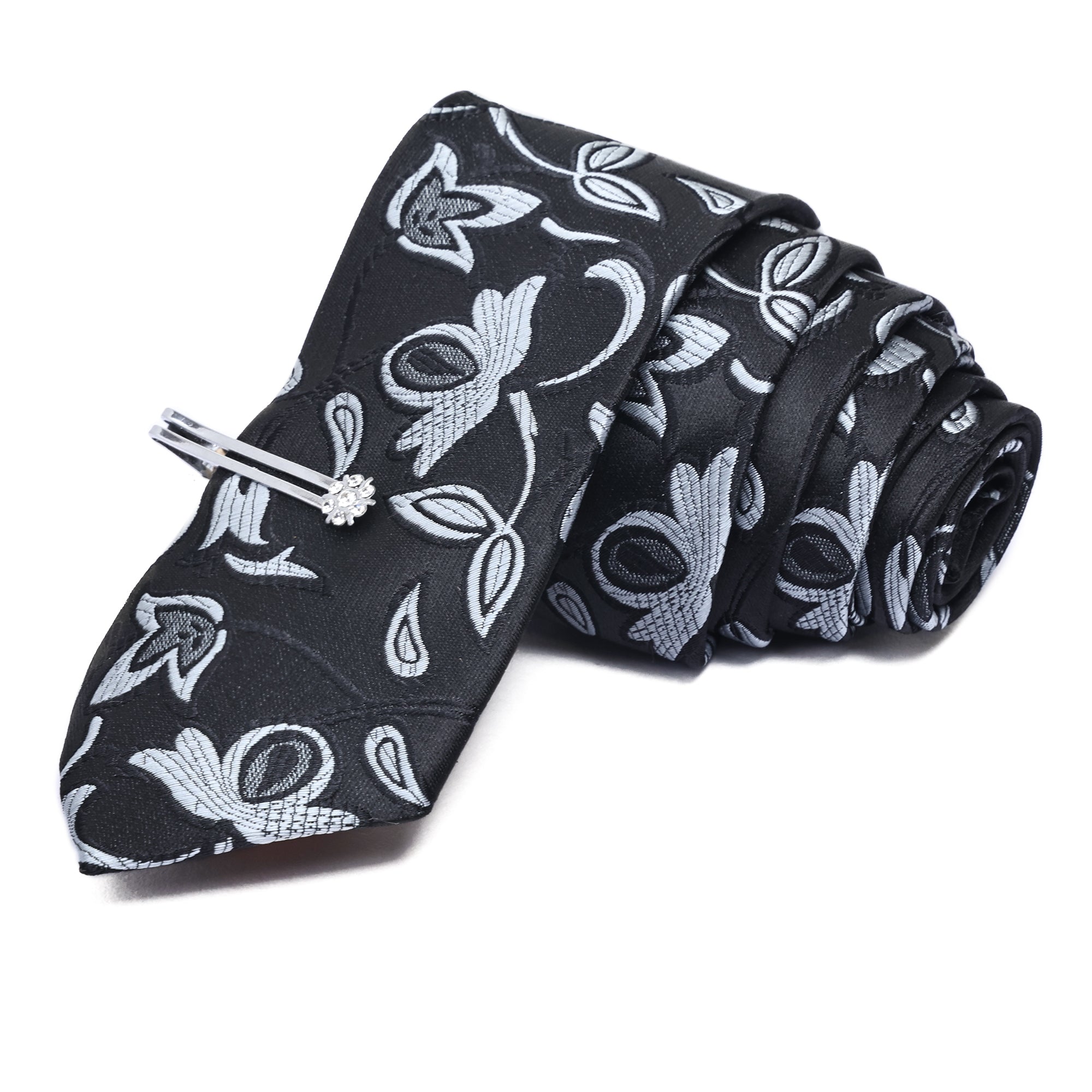 Sable Black Italian Silk Neckties Set Pocket Square Silver Tiepin Cufflinks & Brooch